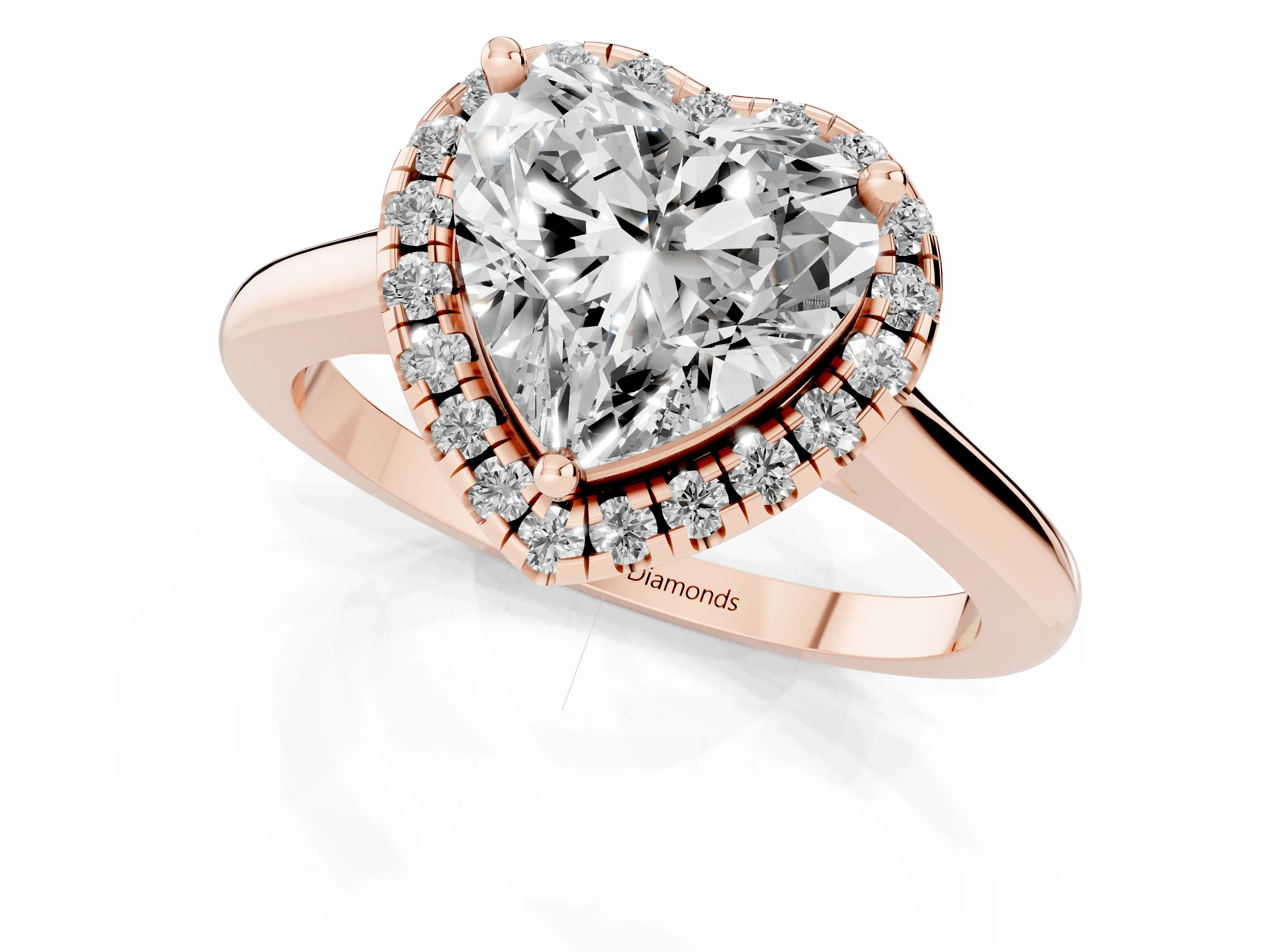 Heart Cut Diamond Halo Engagement Ring Set in Rose gold with Pavé Band and Rising Shoulders