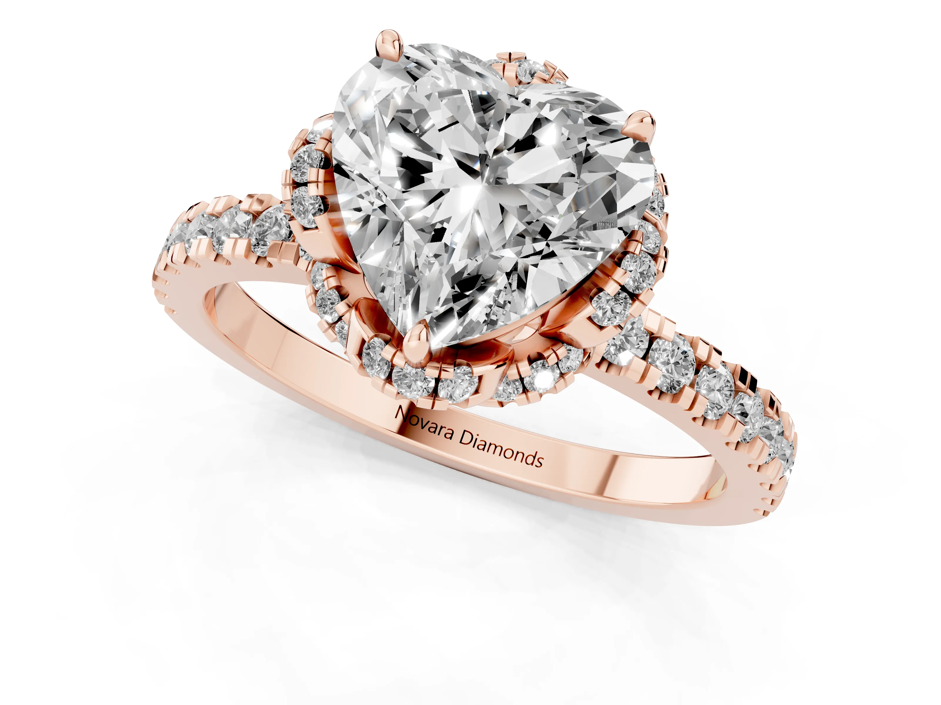 Heart Cut Diamond Halo Pavé Band Ring Set in Rose gold with Prong-Held Center