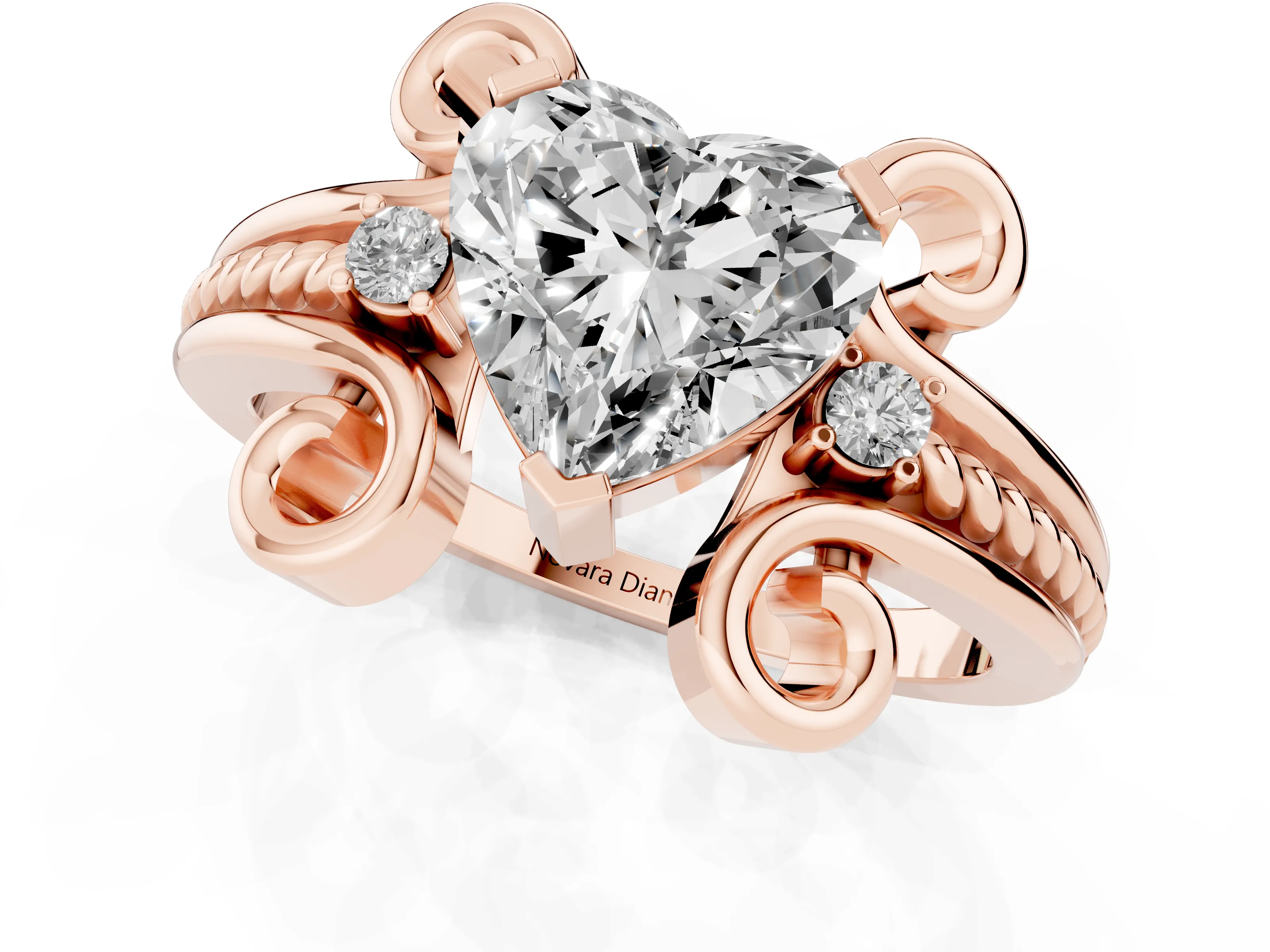 Heart Cut Diamond Twisted Band Solitaire Ring Set in Rose gold with Scroll Prongs