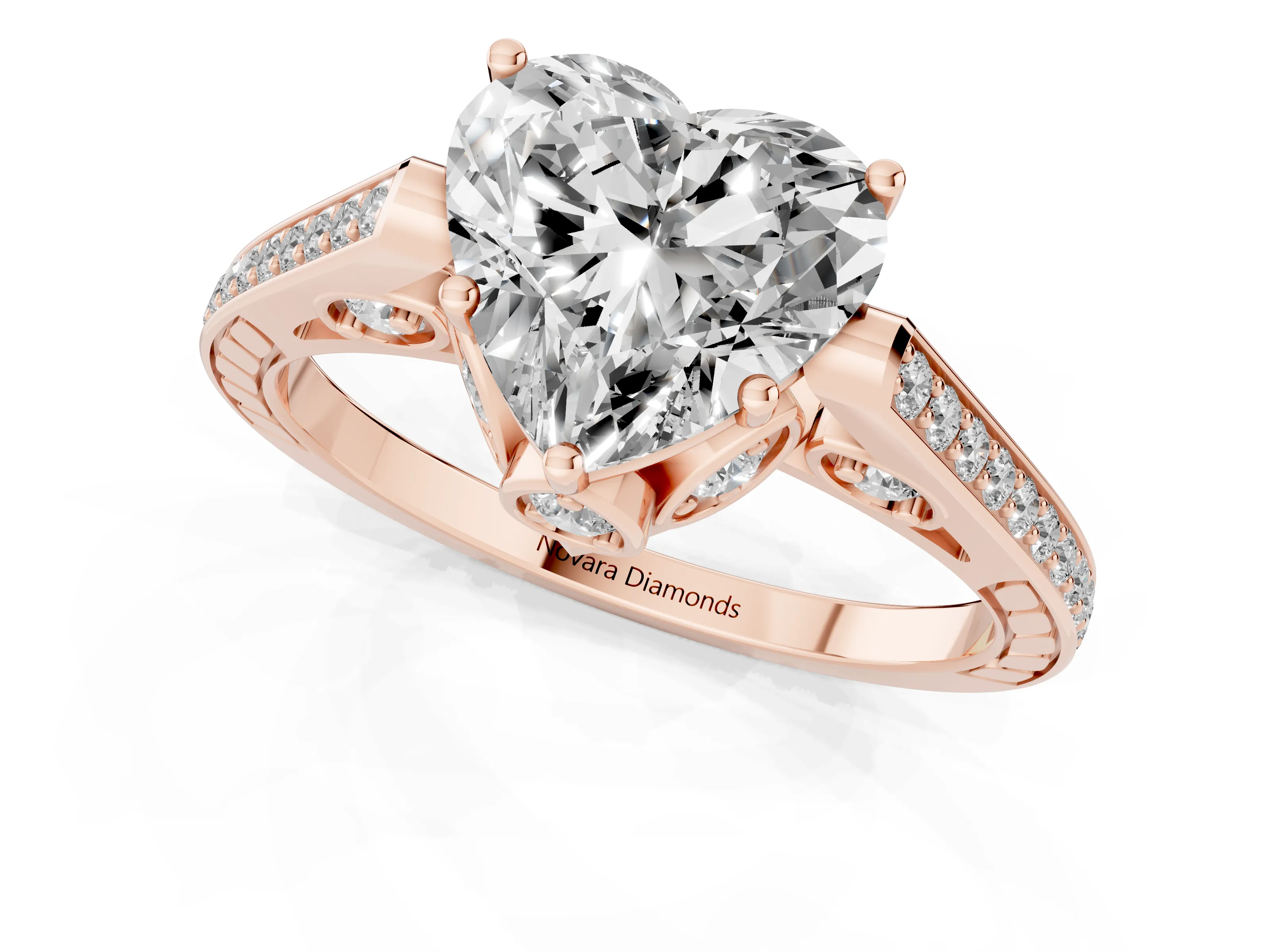 Heart Cut Diamond Cathedral Pavé Engagement Ring Set in Rose gold with Prong Setting