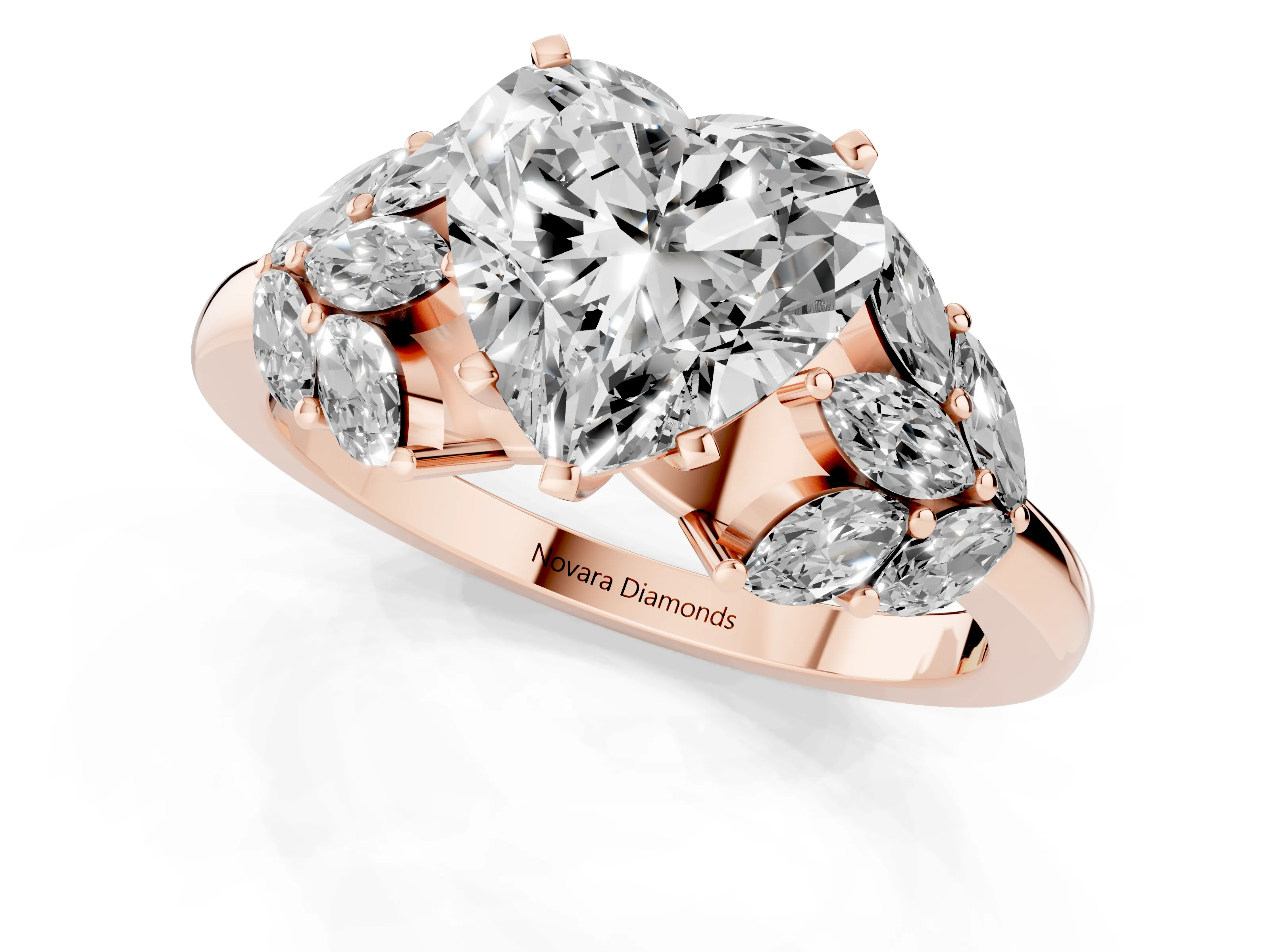 Heart Cut Diamond Cluster Leaf Design Ring Set in Rose gold with Prong Setting