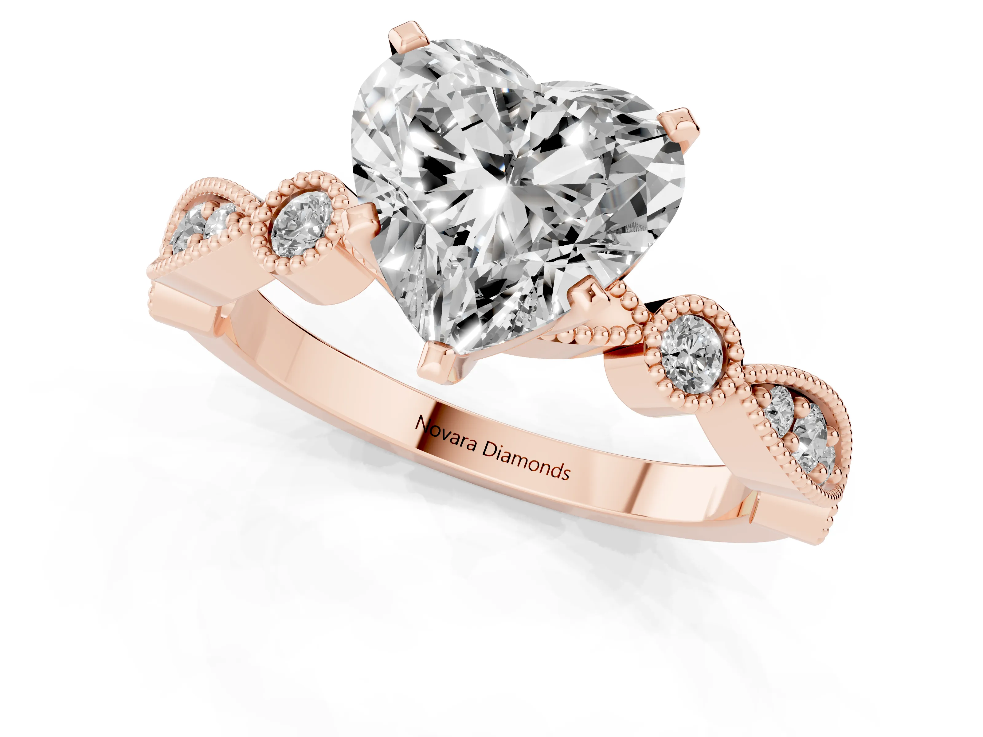 Heart Cut Diamond Solitaire Engagement Ring Set in Rose gold with Milgrain Bezel Accent Band