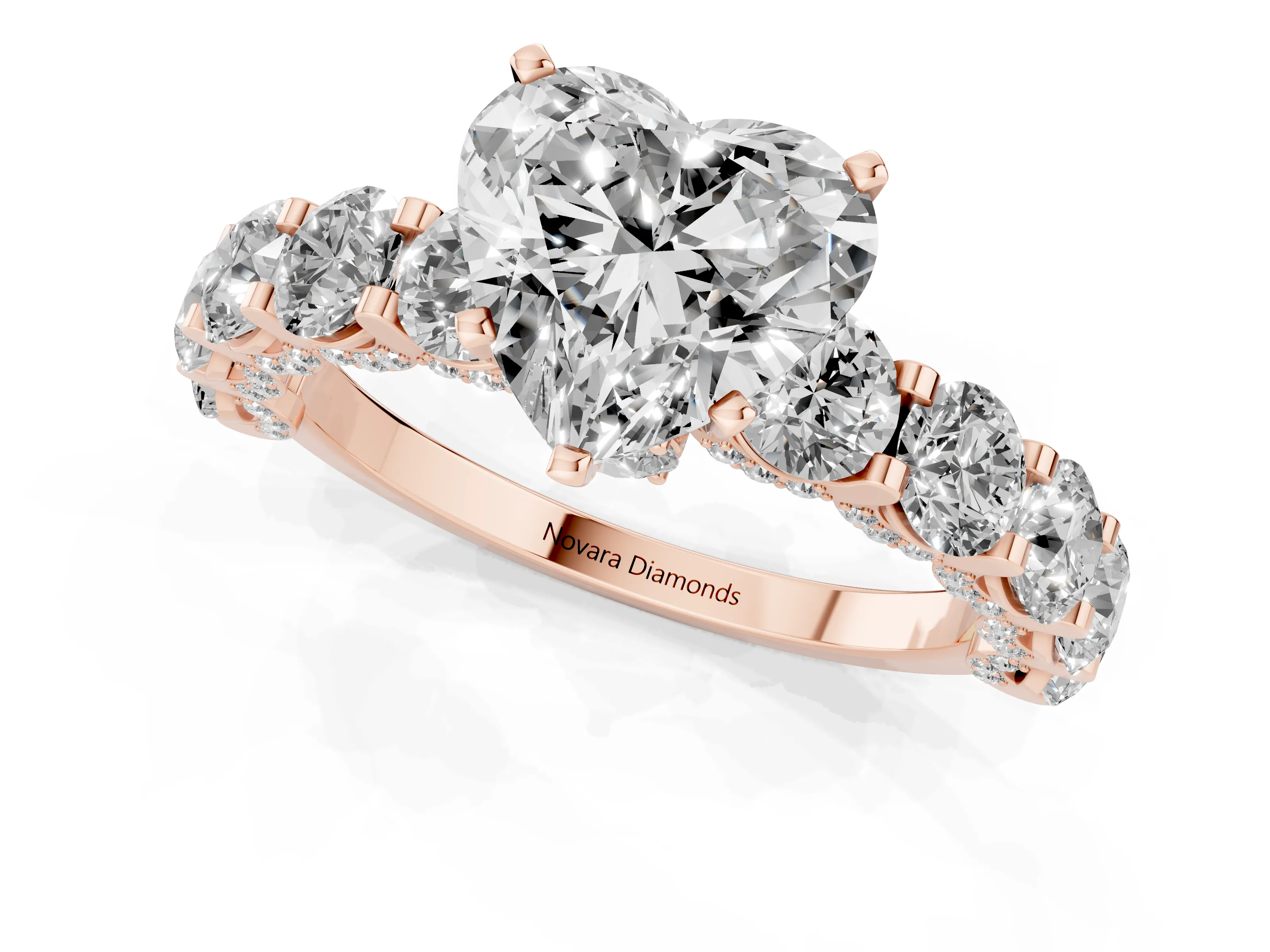 Heart Cut Diamond Side Stone Ring Set in Rose gold with Alternating Round and Oval Side Stones – second view