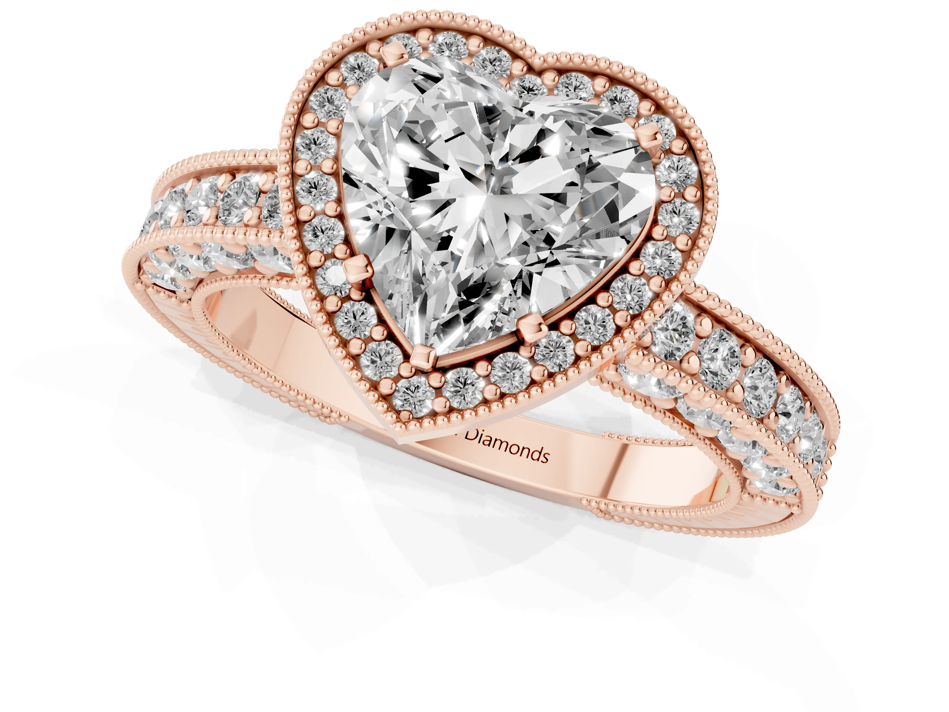 Heart Cut Diamond Halo Pavé Band Ring Set in Rose gold with Prong-Set Center