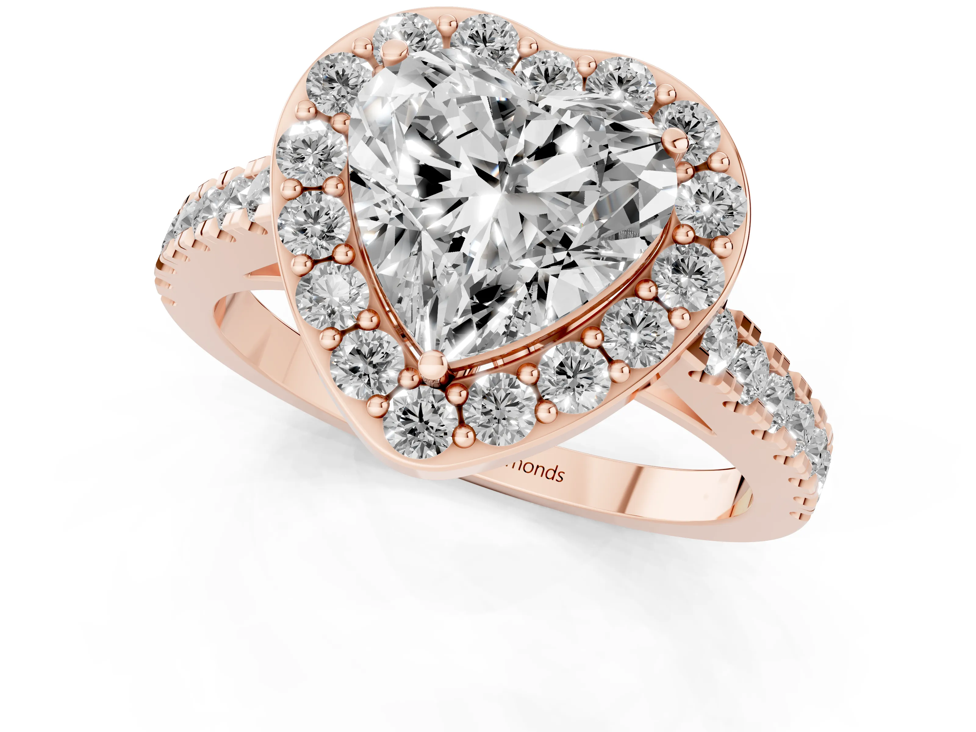 Heart Cut Diamond Halo Ring Set in Rose gold with Round Pavé Split Shank and Prong Setting