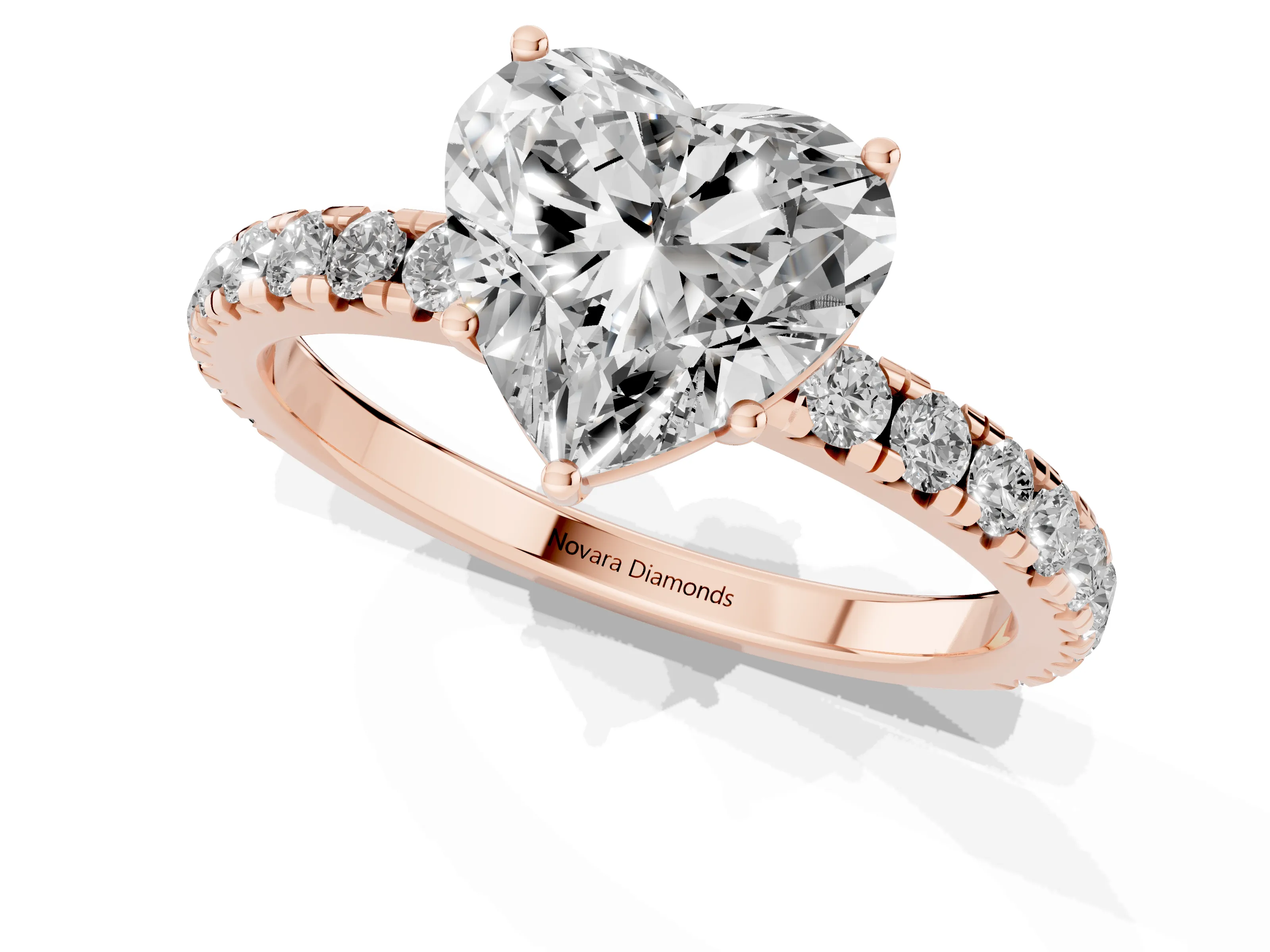Heart Cut Diamond Pavé Solitaire Engagement Ring Set in Rose gold with Prong Setting