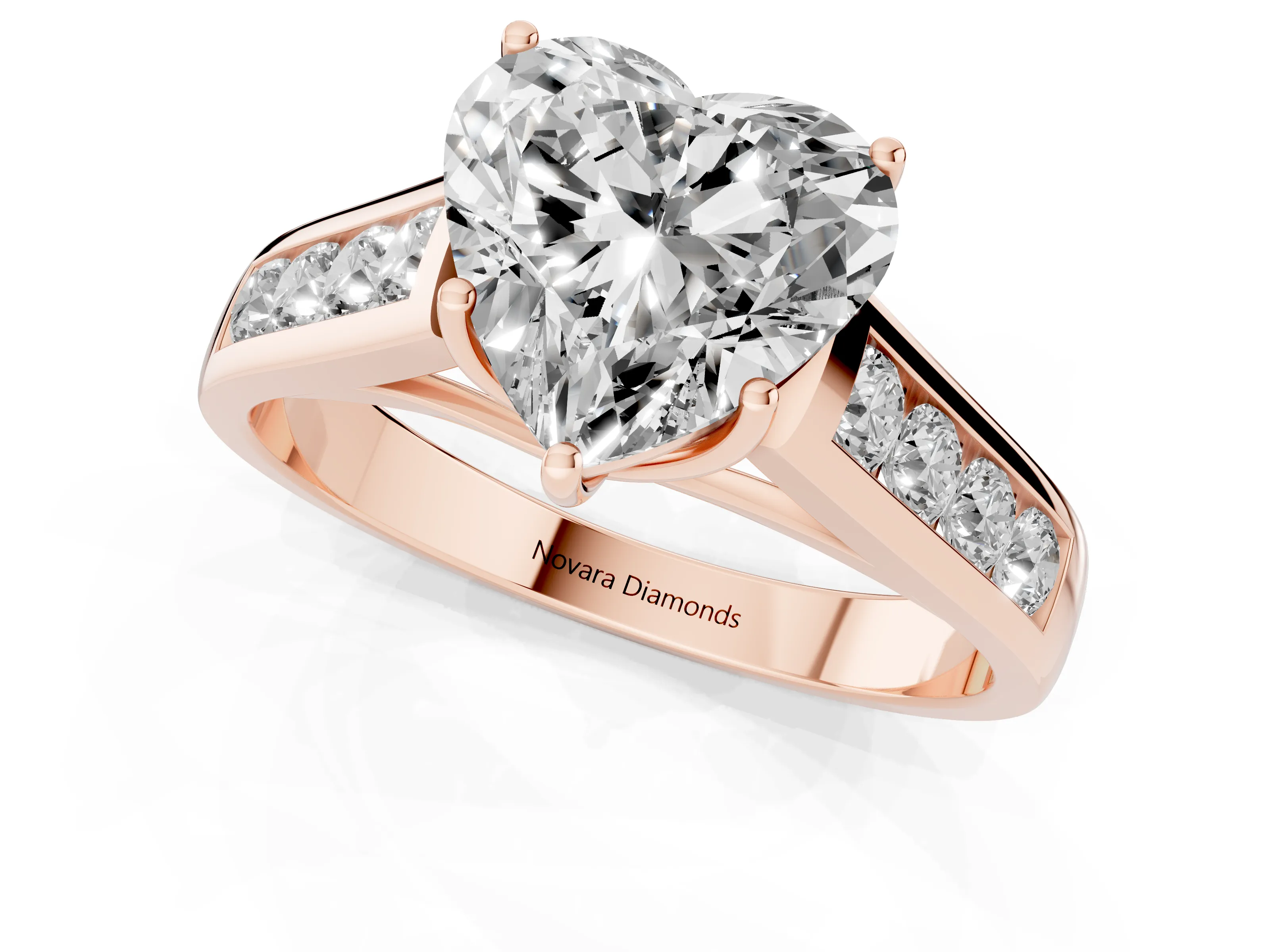 Heart Cut Diamond Solitaire Channel-Set Engagement Ring Set in Rose gold with Prong Setting
