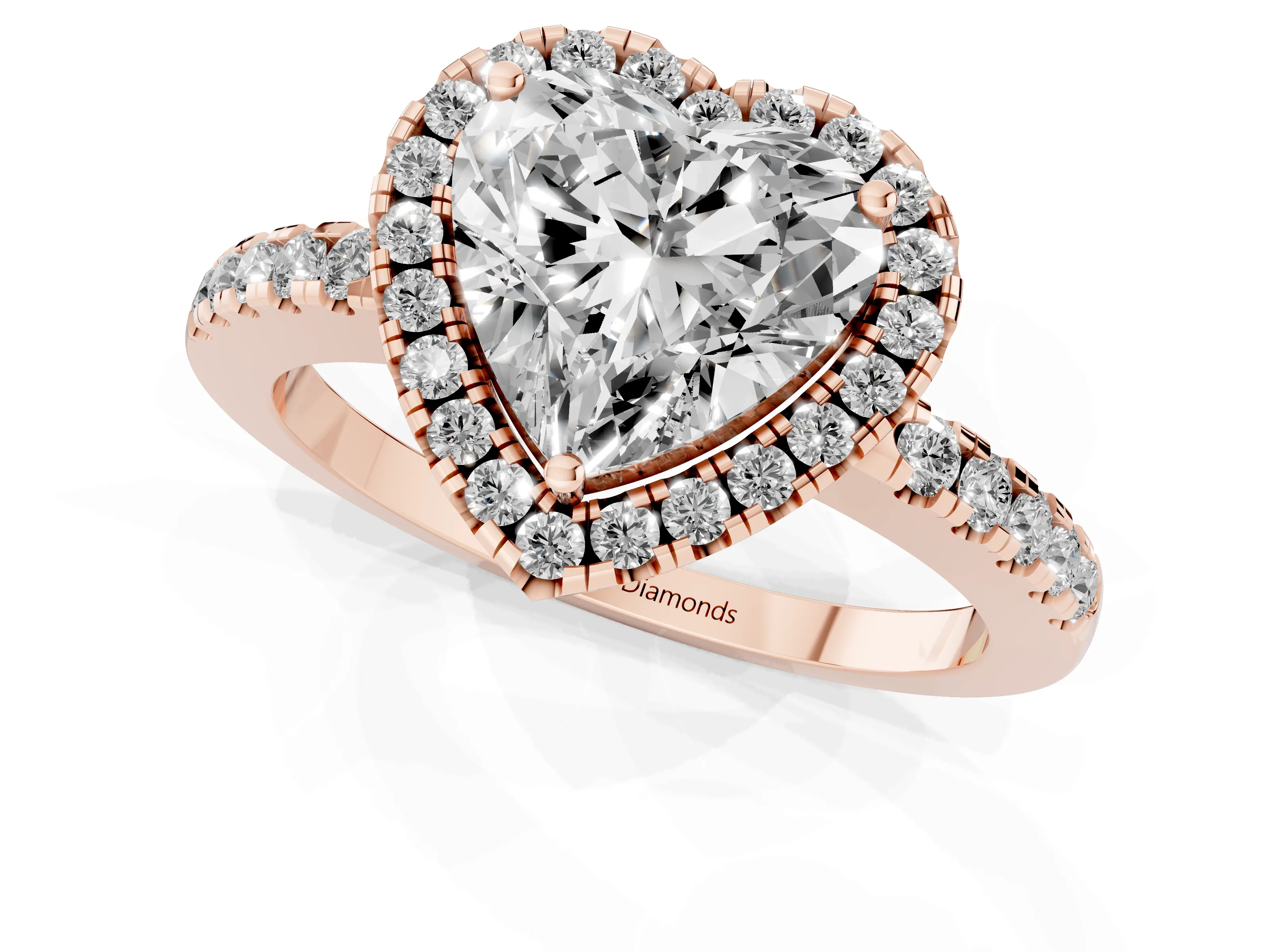 Heart Cut Diamond Pavé Band Halo Engagement Ring Set in Rose gold with Prong Setting