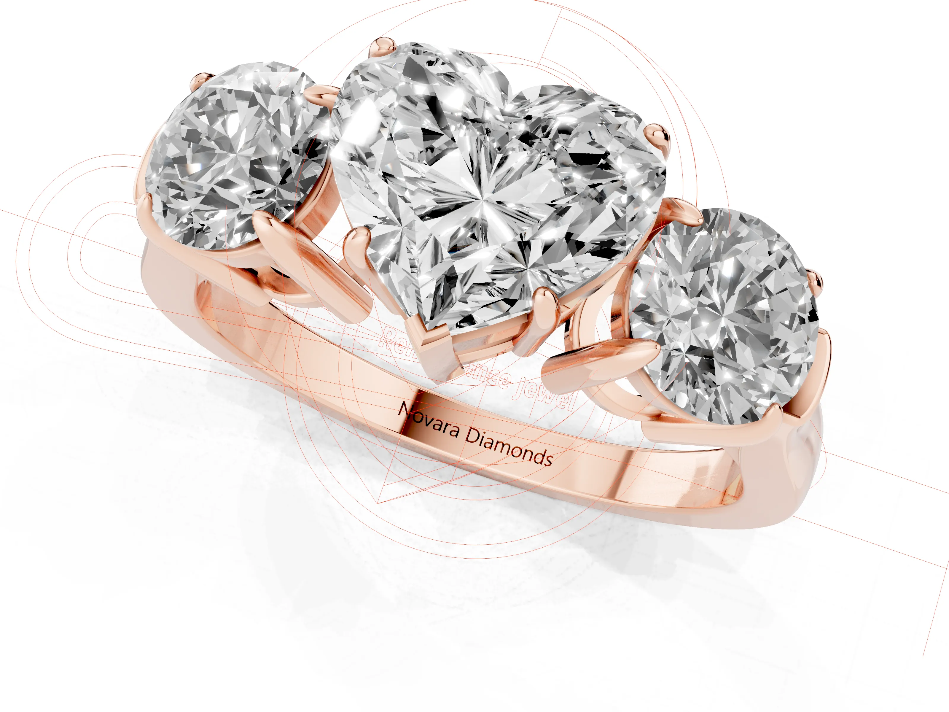 Heart Cut Diamond Three-Stone Ring Set in Rose gold with Round Accent Stones and Plain Band