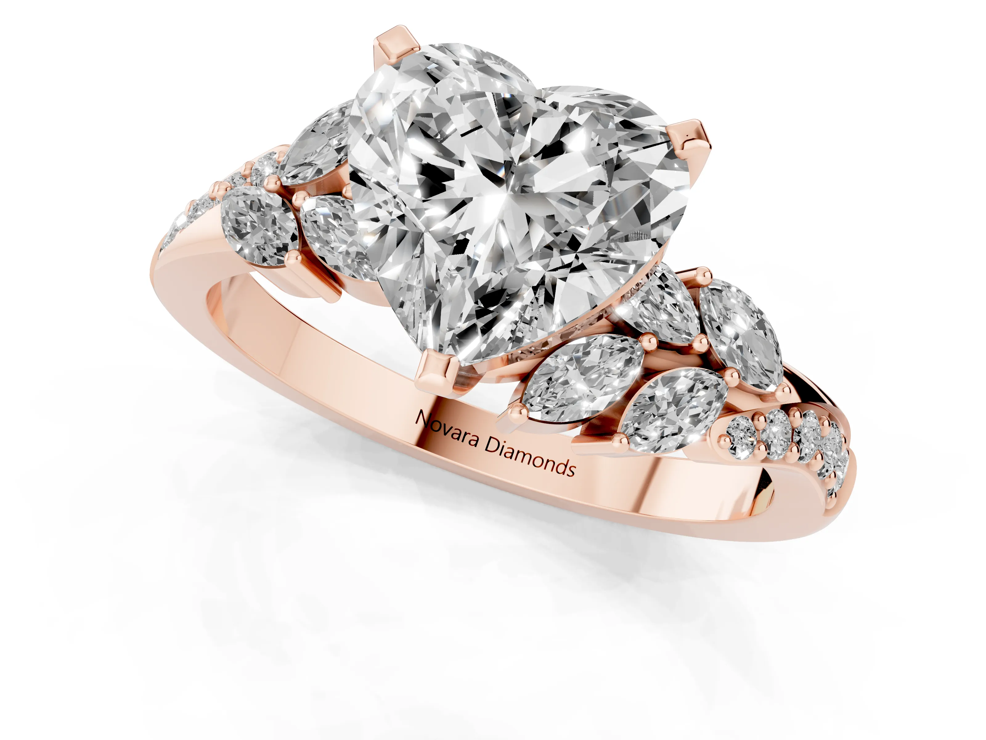 Heart Cut Diamond Solitaire Ring Set in Rose gold with Marquise Twist Band and Prong Setting