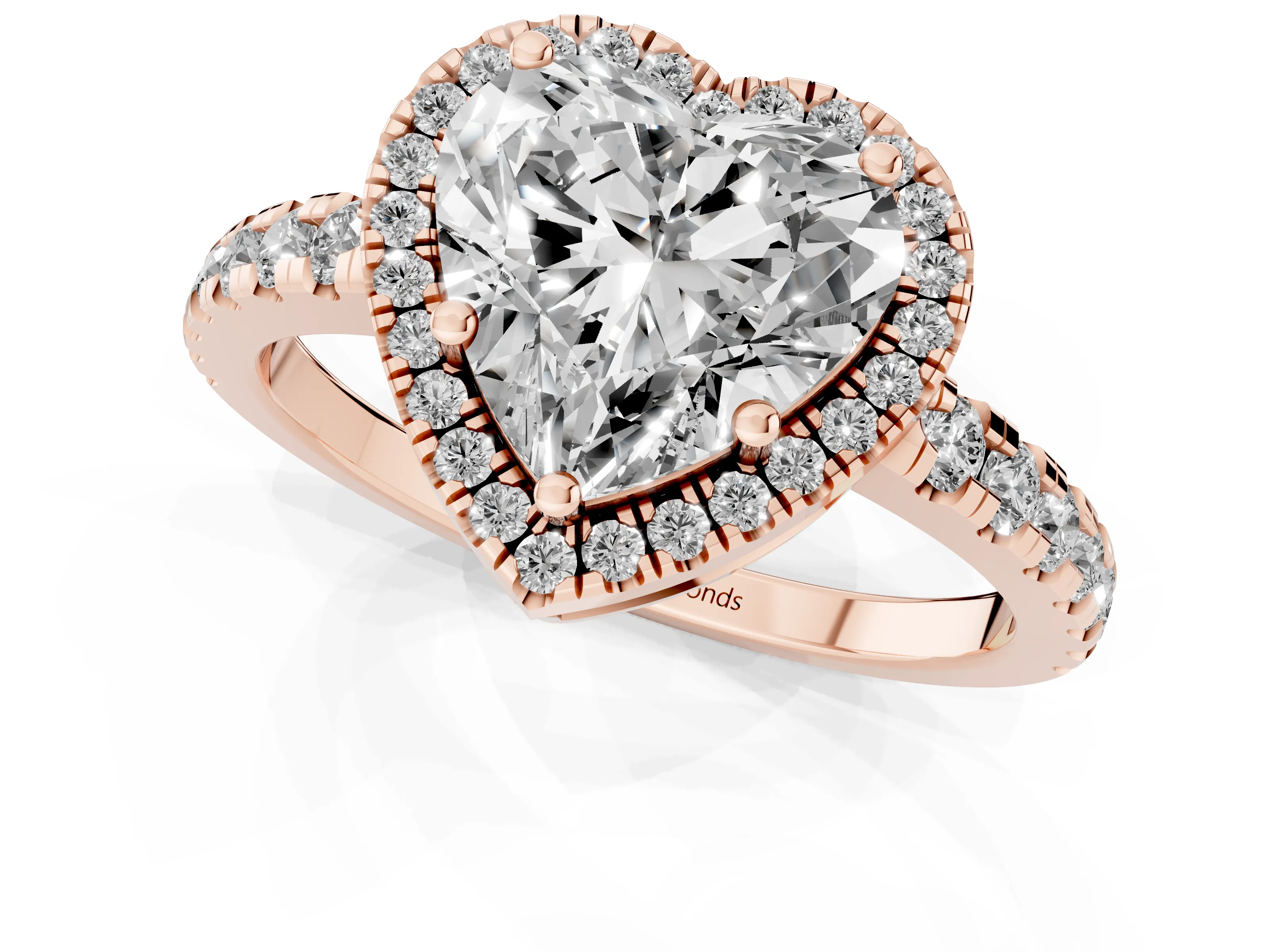 Heart Cut Diamond Halo Ring Set in Rose gold with Delicate Pavé Band and Prong Setting