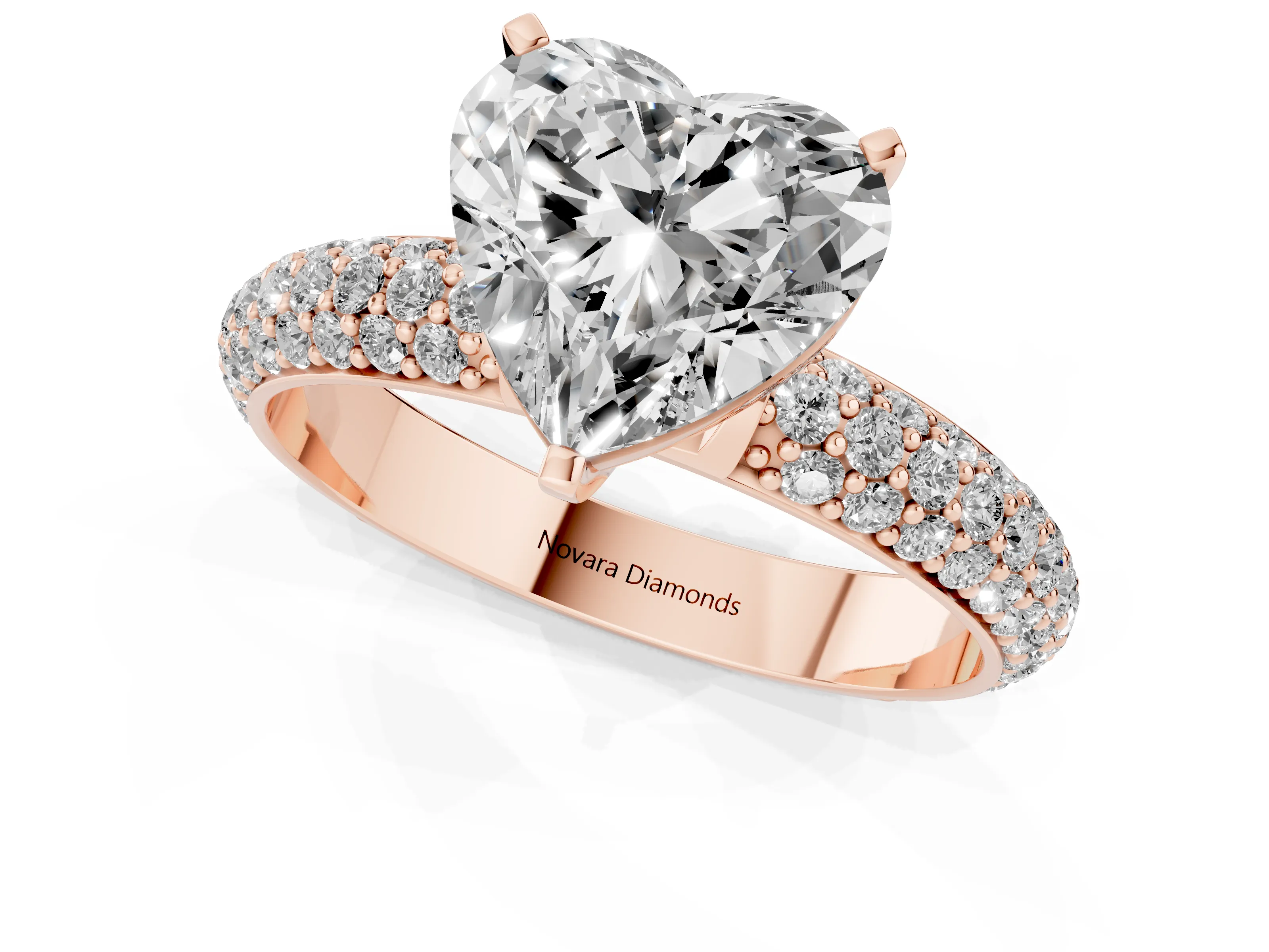 Heart Cut Diamond Solitaire Ring Set in Rose gold with Prong Setting and Pavé-Set Band