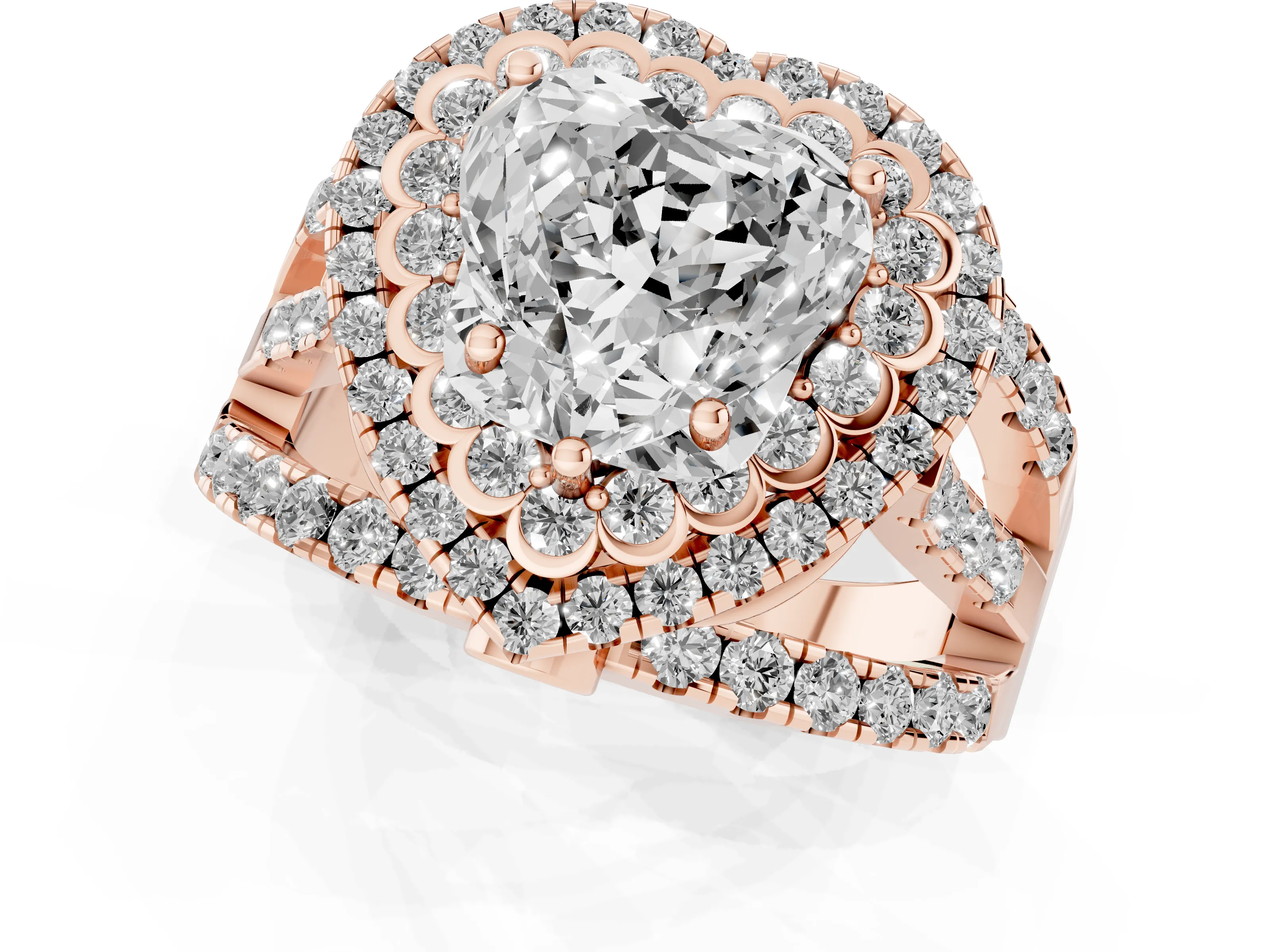Heart Cut Diamond Double Halo Ring Set in Rose gold with Round Pavé Split Shank