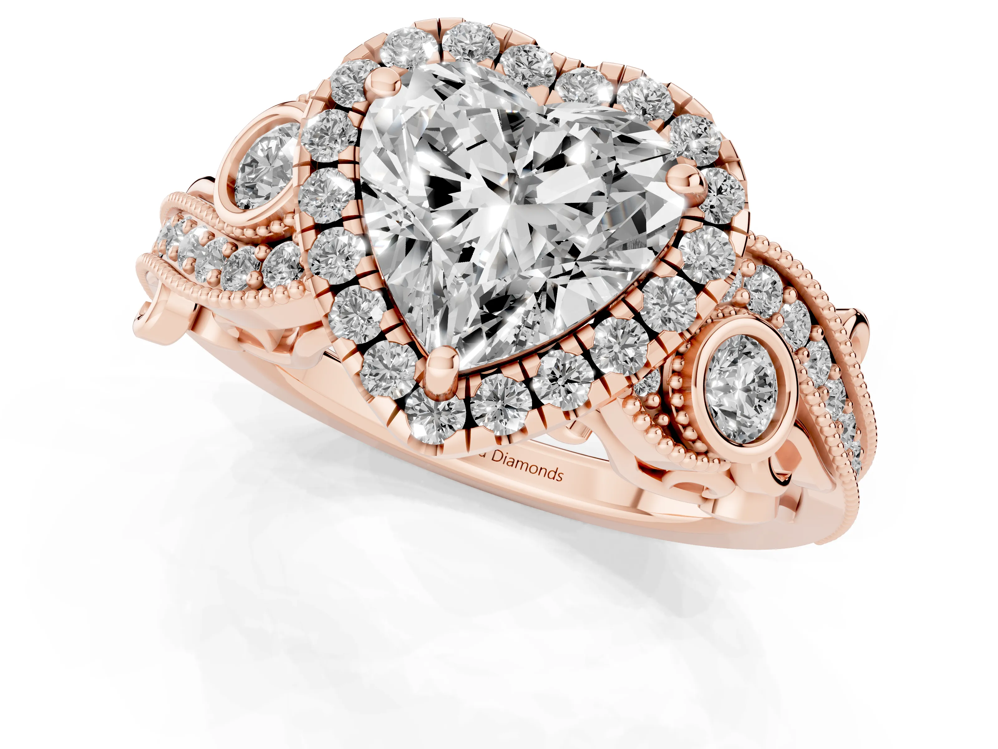 Heart Cut Diamond Halo Ring Set in Rose gold with Milgrain Pavé Band and Prong Setting