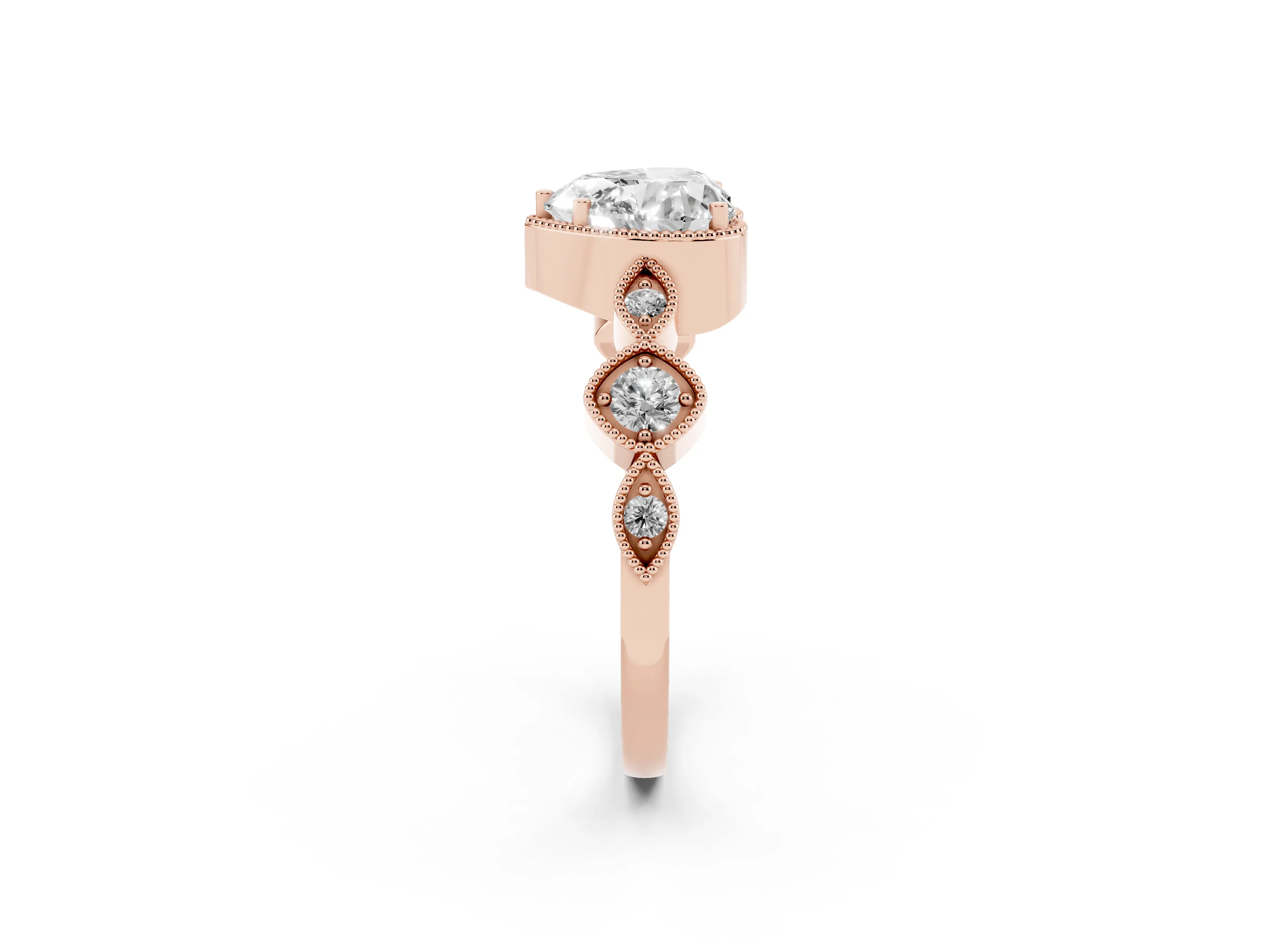 Heart Cut Diamond Vintage-Inspired Milgrain Ring Set in Rose gold with Marquise Stations of Round Accents