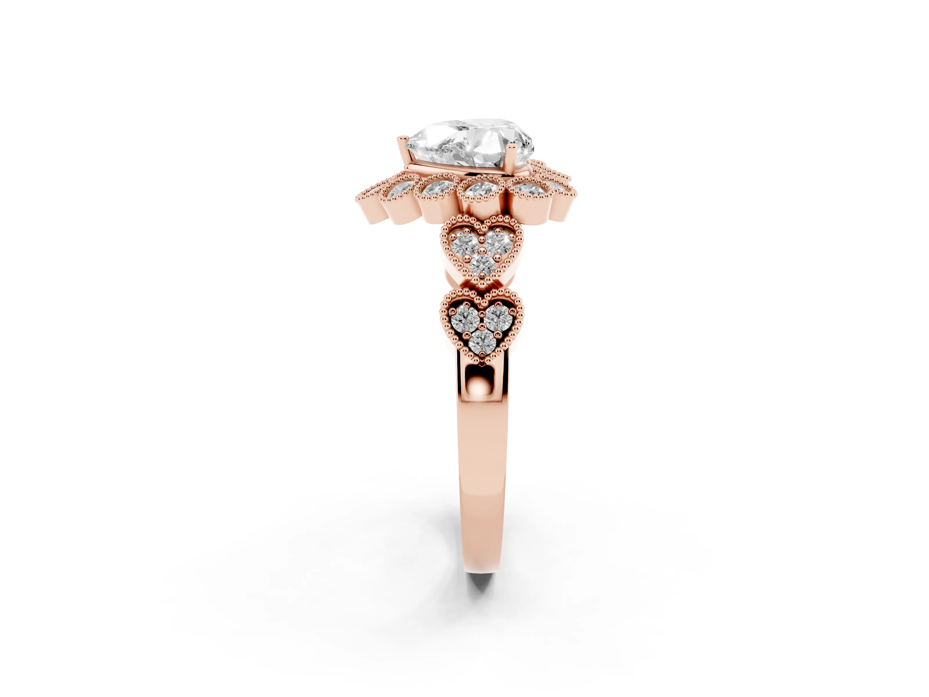Heart Cut Diamond Solitaire Ring Set in Rose gold with Milgrain Pavé Heart Band