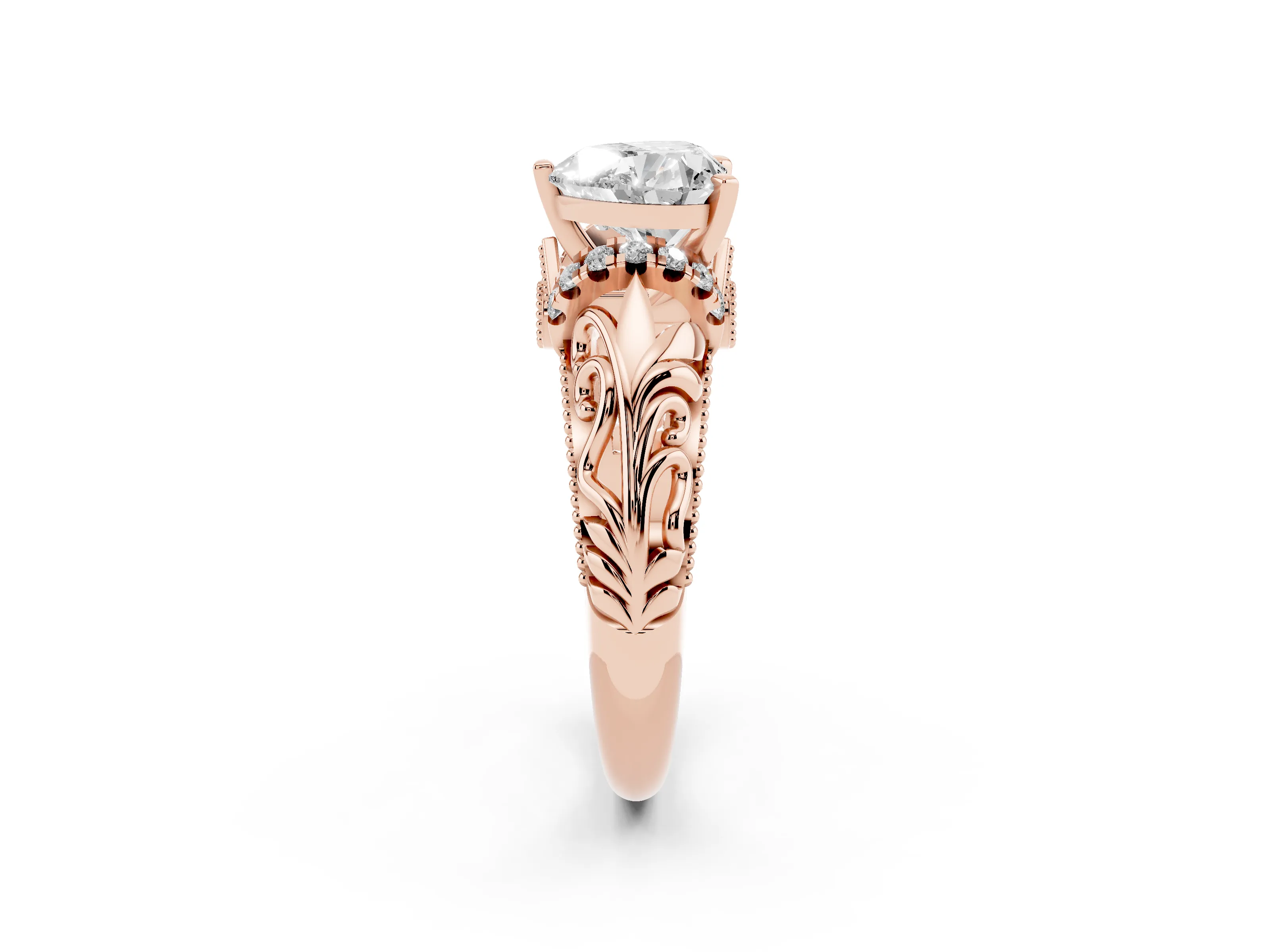 Heart Cut Diamond Filigree Halo Engagement Ring Set in Rose gold with Prong Setting