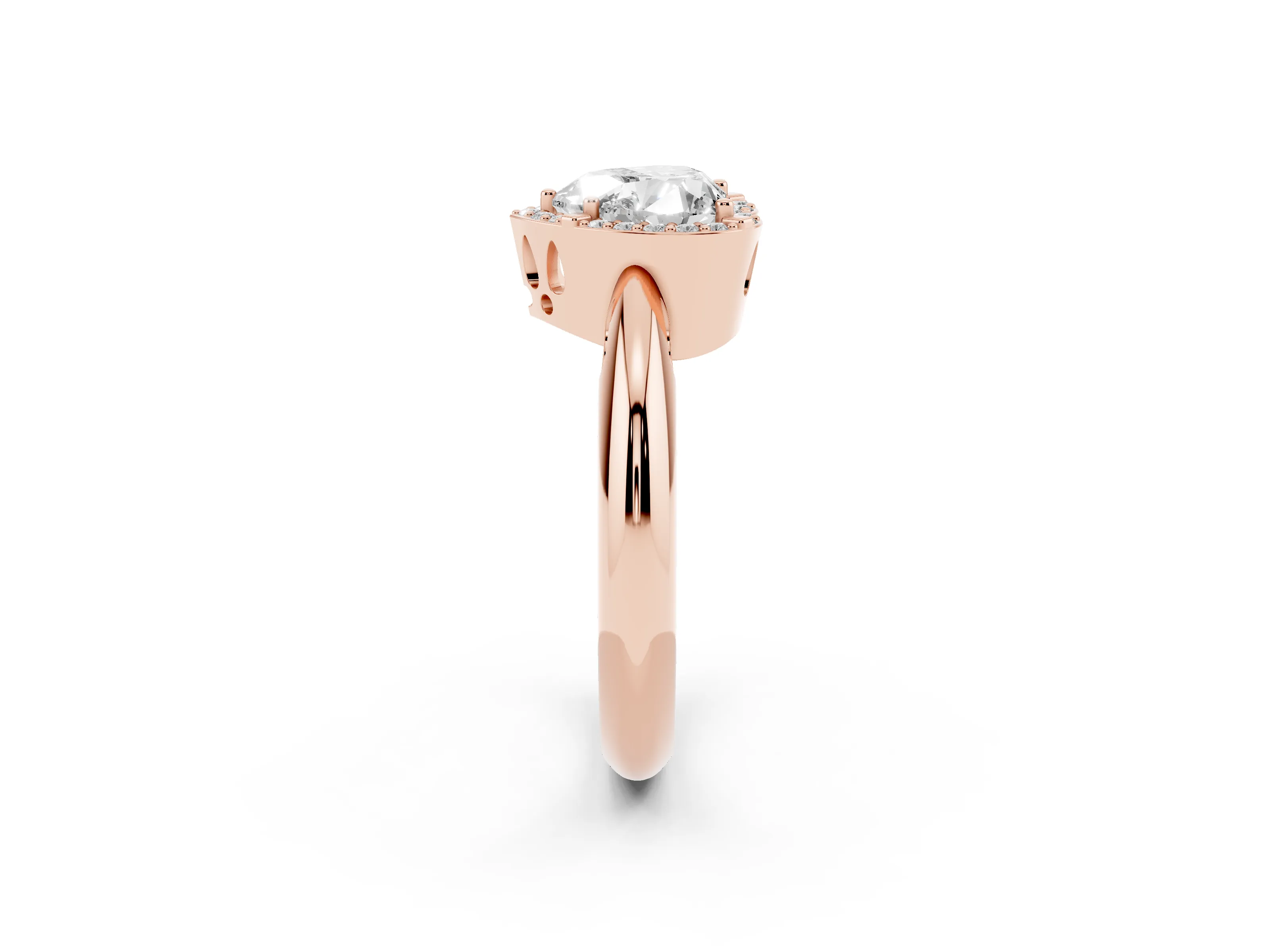 Heart Cut Diamond Halo Engagement Ring Set in Rose gold with Plain Split Shank and Prong Setting