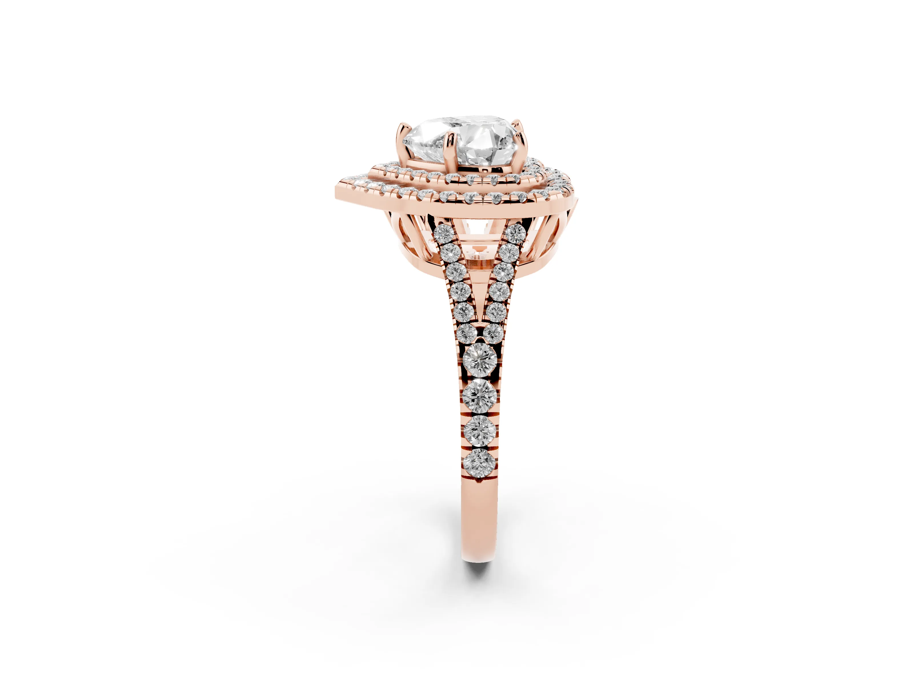 Heart Cut Diamond Double Halo Ring Set in Rose gold with Pavé Band