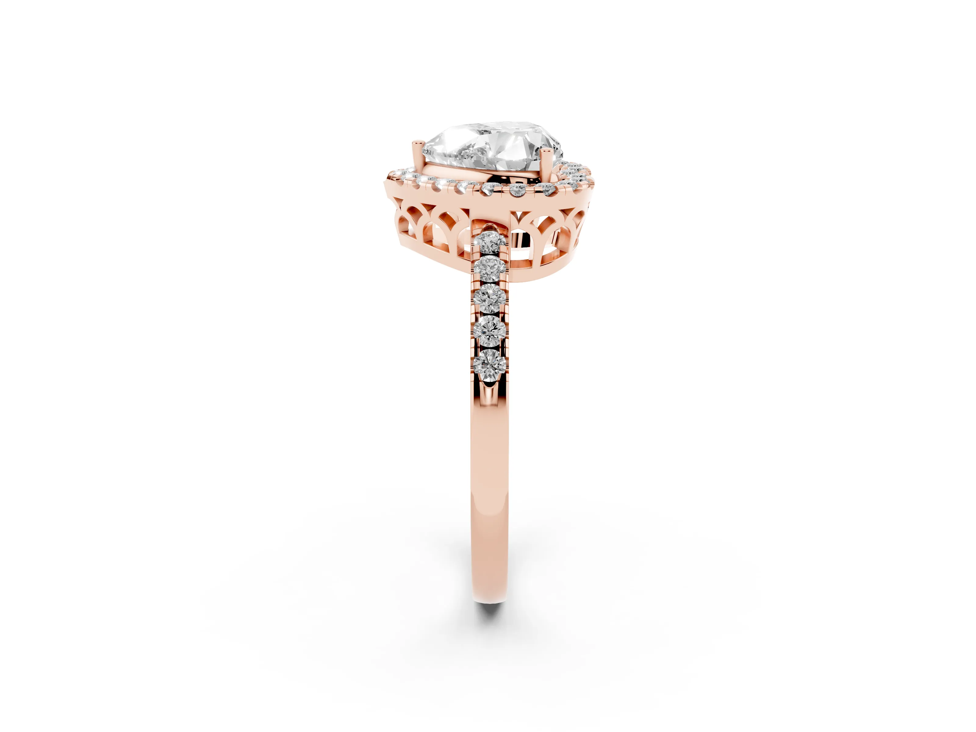 Heart Cut Diamond Pavé Band Halo Engagement Ring Set in Rose gold with Prong Setting