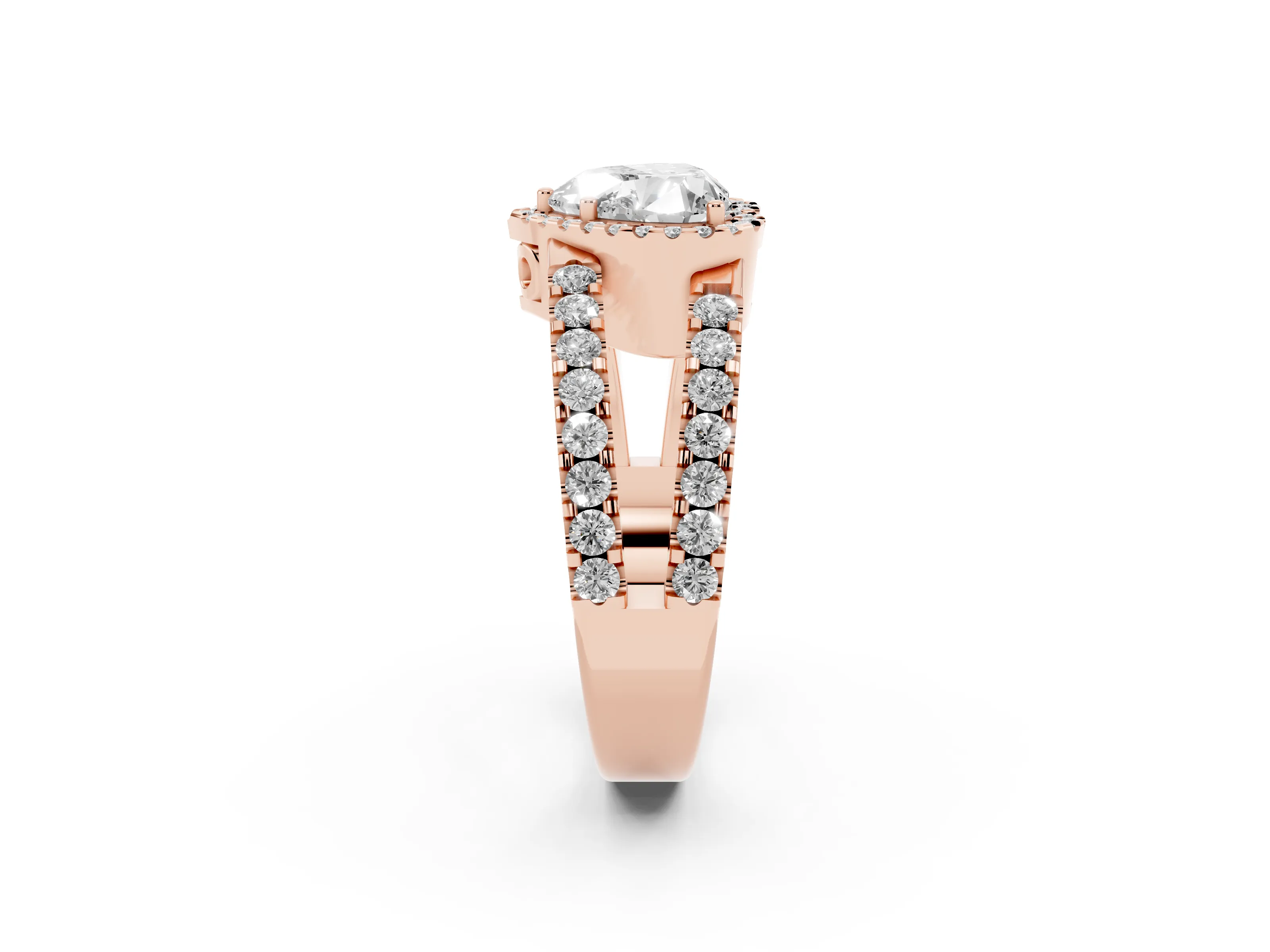 Heart Cut Diamond Halo Ring Set in Rose gold with Pavé Split Shank and Prong Setting