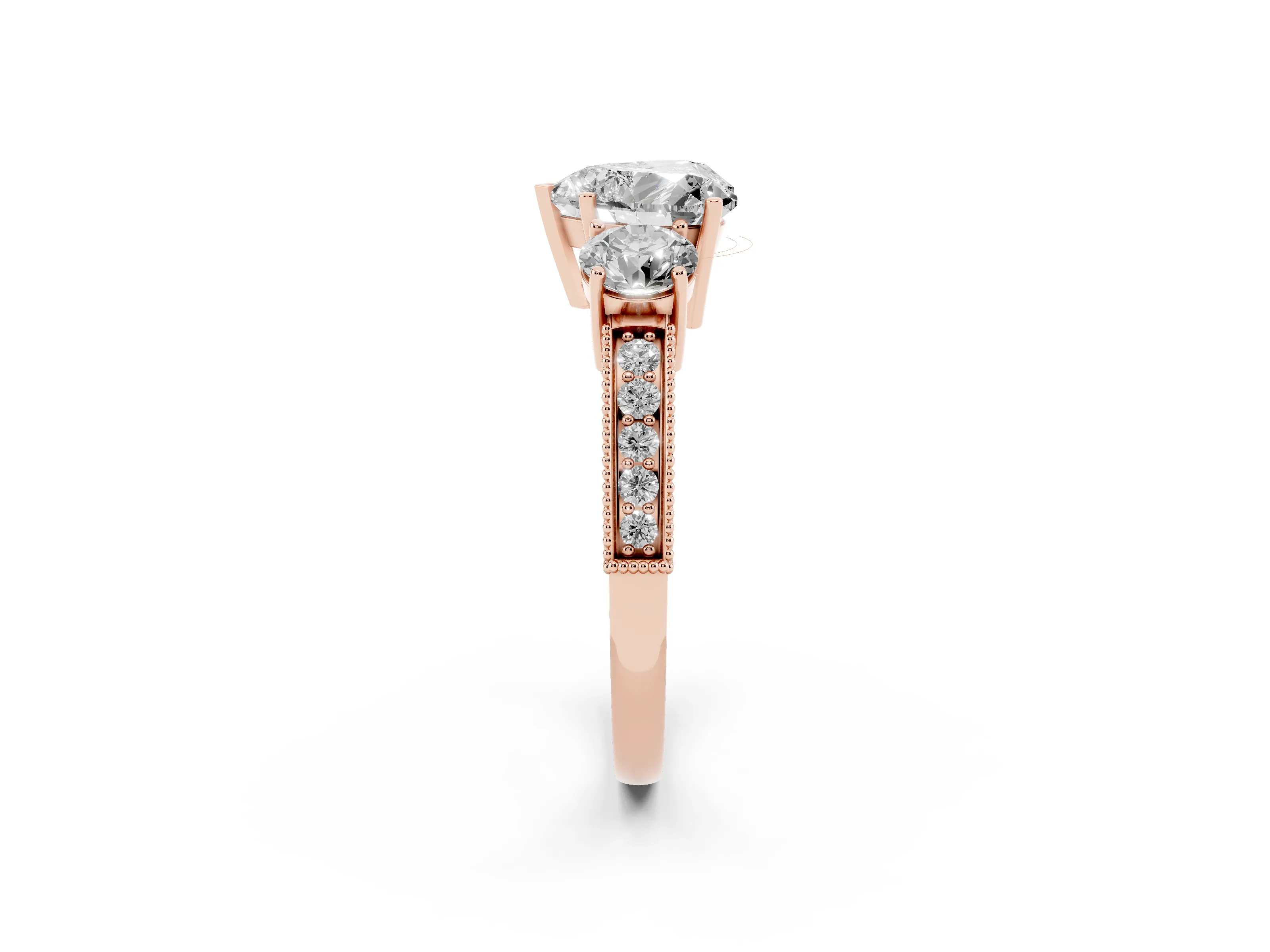Heart Cut Diamond Three-Stone Ring Set in Rose gold with Round Side Stones and Pavé Band