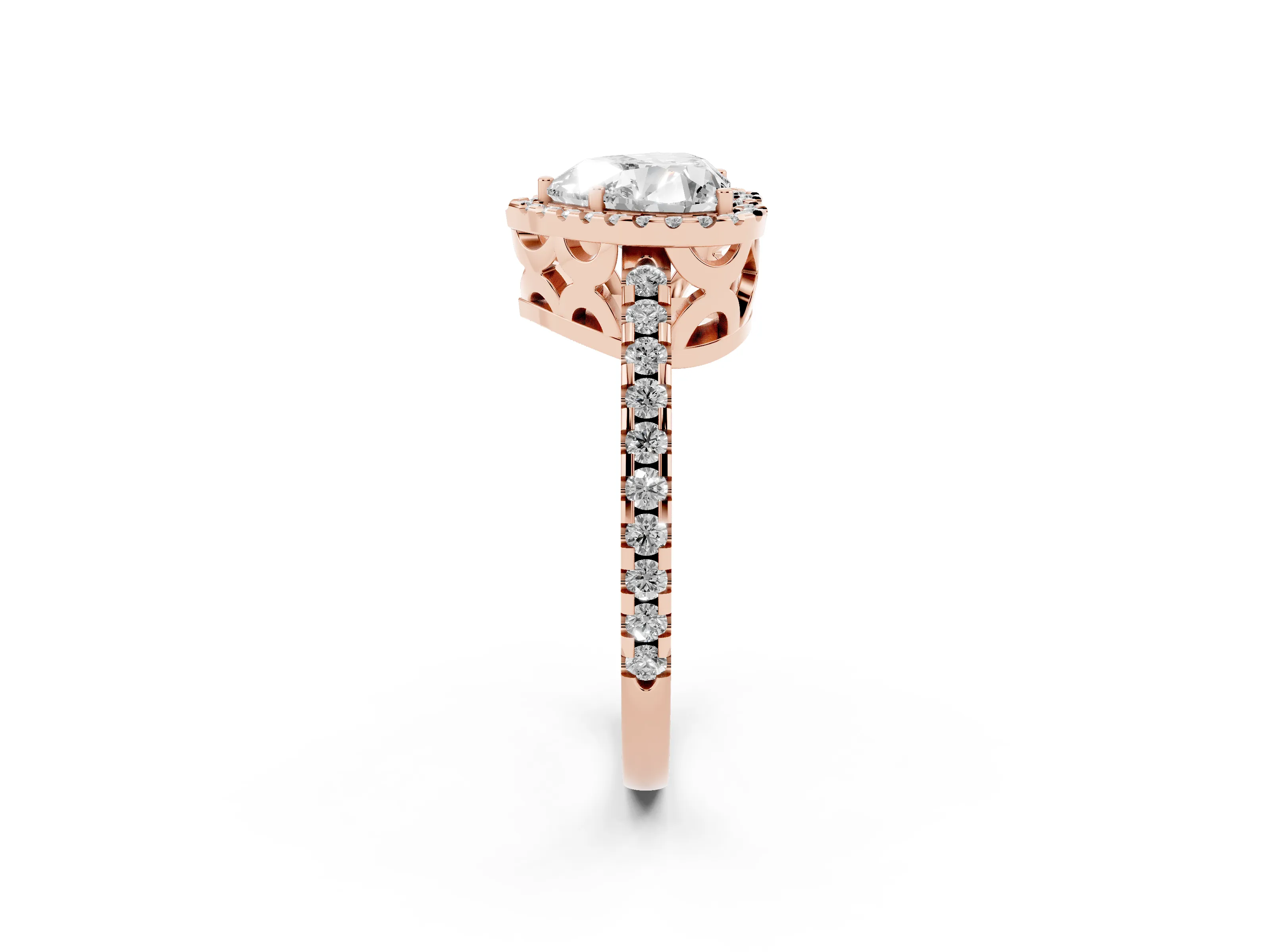 Heart Cut Diamond Halo Ring Set in Rose gold with Pavé Shoulders and Halo-Framed Center