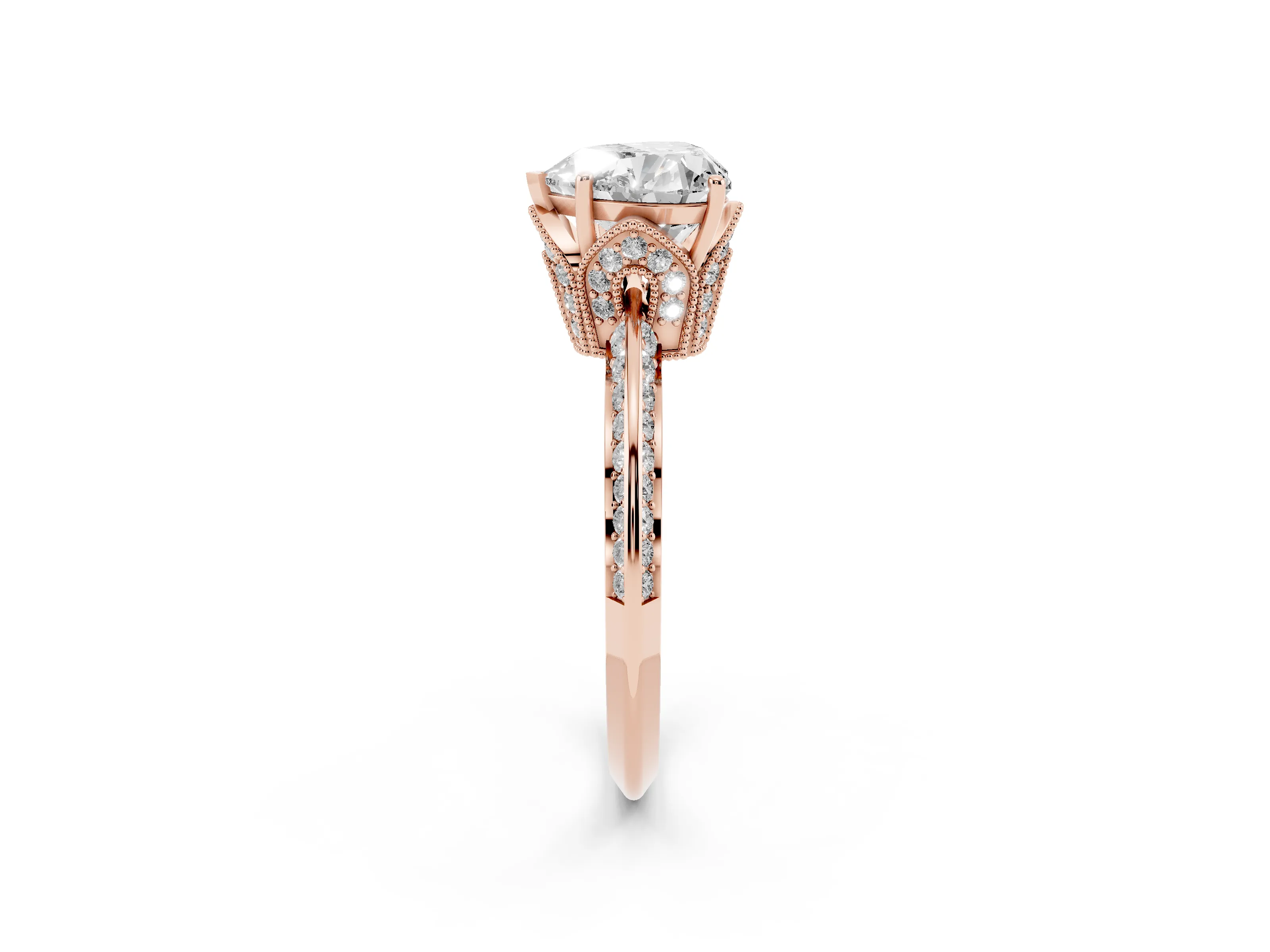 Heart Cut Diamond Solitaire Engagement Ring Set in Rose gold with Pavé Split Shank and Prong Setting