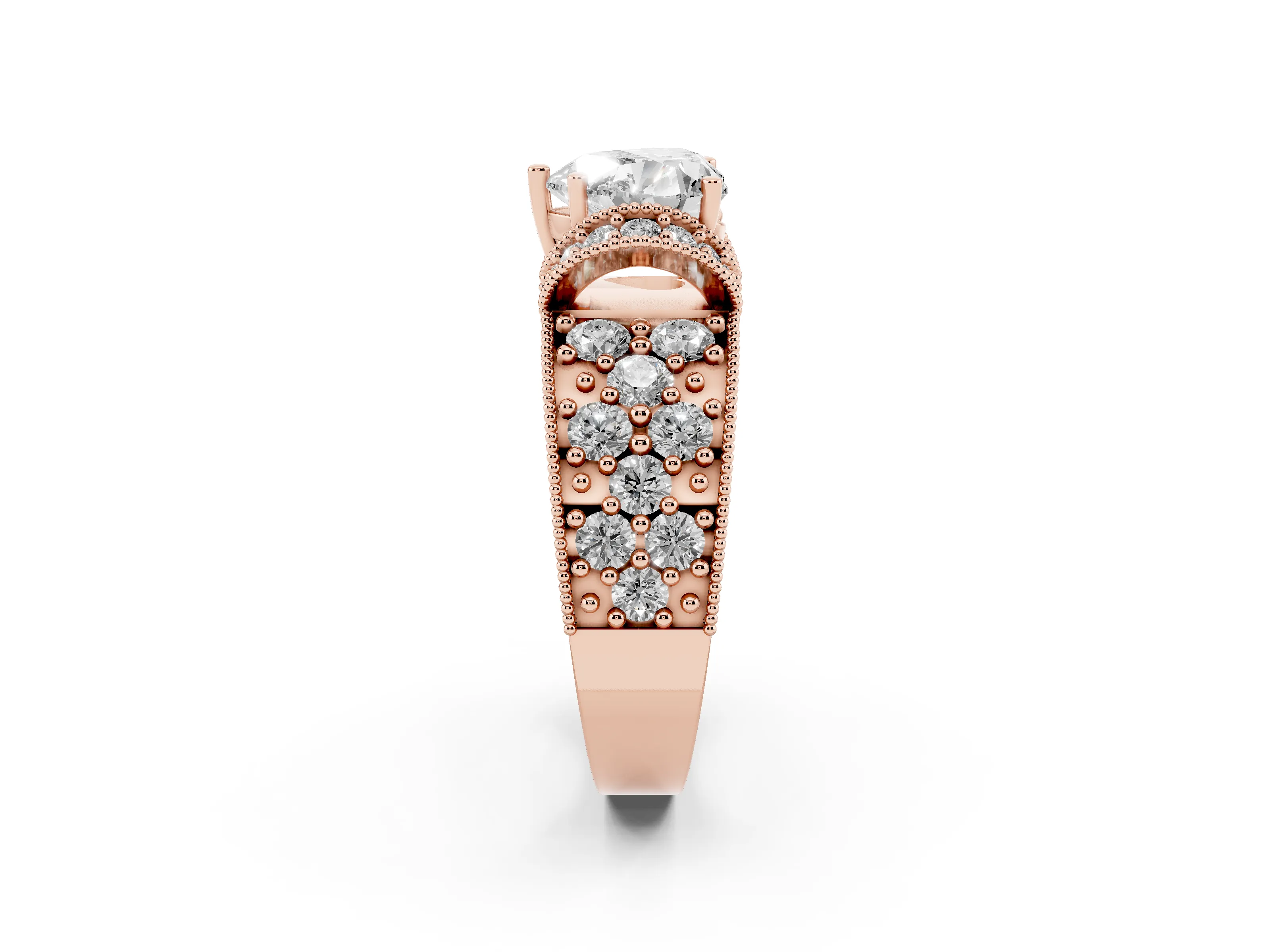 Heart Cut Diamond Milgrain Halo Pavé Engagement Ring Set in Rose gold with Prong Setting