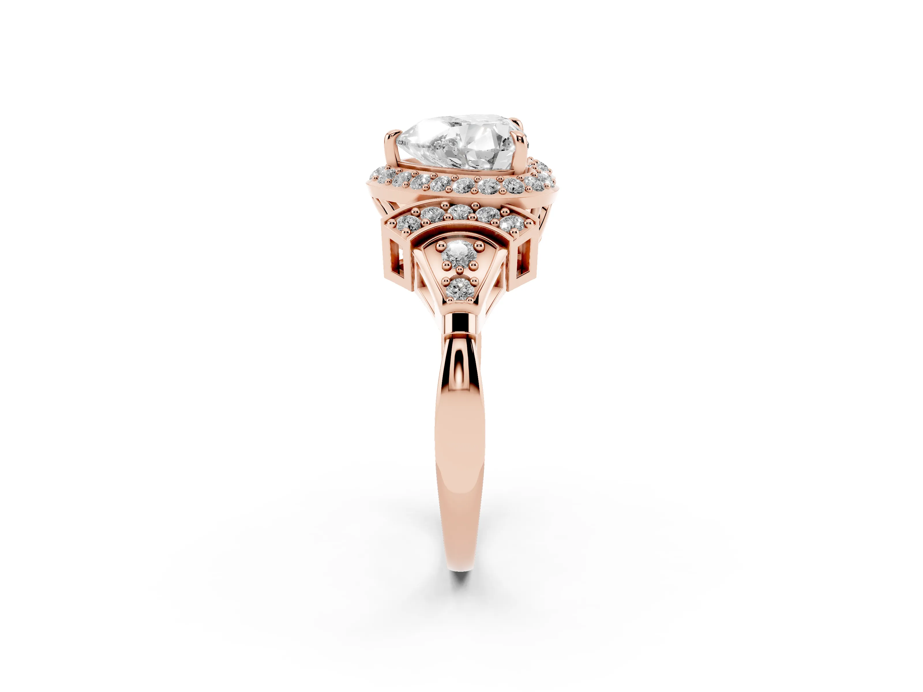 Heart Cut Diamond Halo Engagement Ring Set in Rose gold with Accent Stone Split Shank
