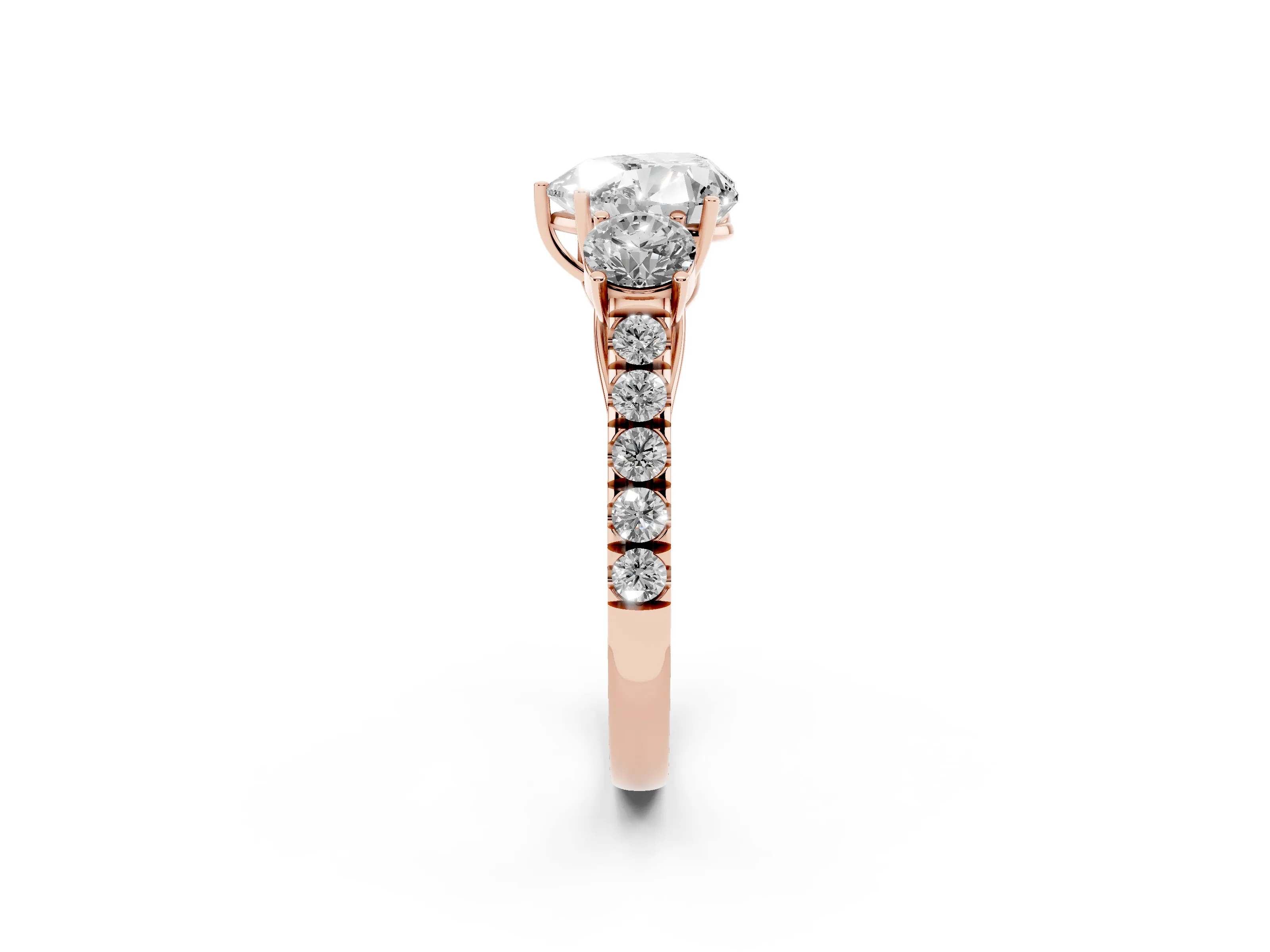 Heart Cut Diamond Three-Stone Ring Set in Rose gold with Round Side Stones and Delicate Pavé Band