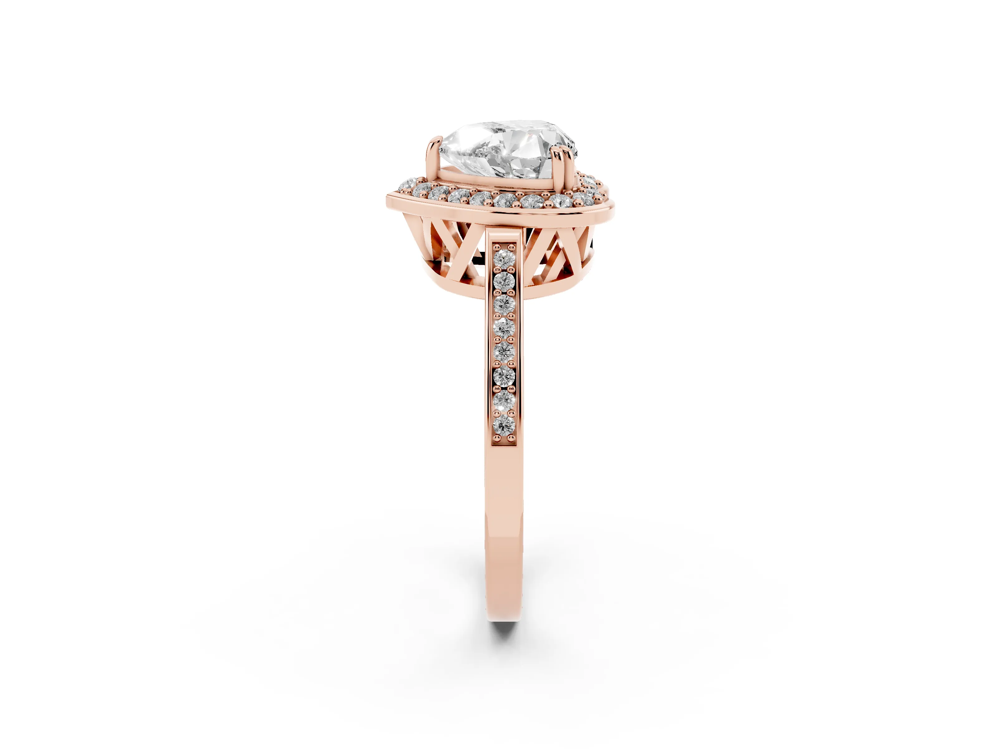 Heart Cut Diamond Halo Ring Set in Rose gold with Accent-Lined Split Shank and Prong Setting