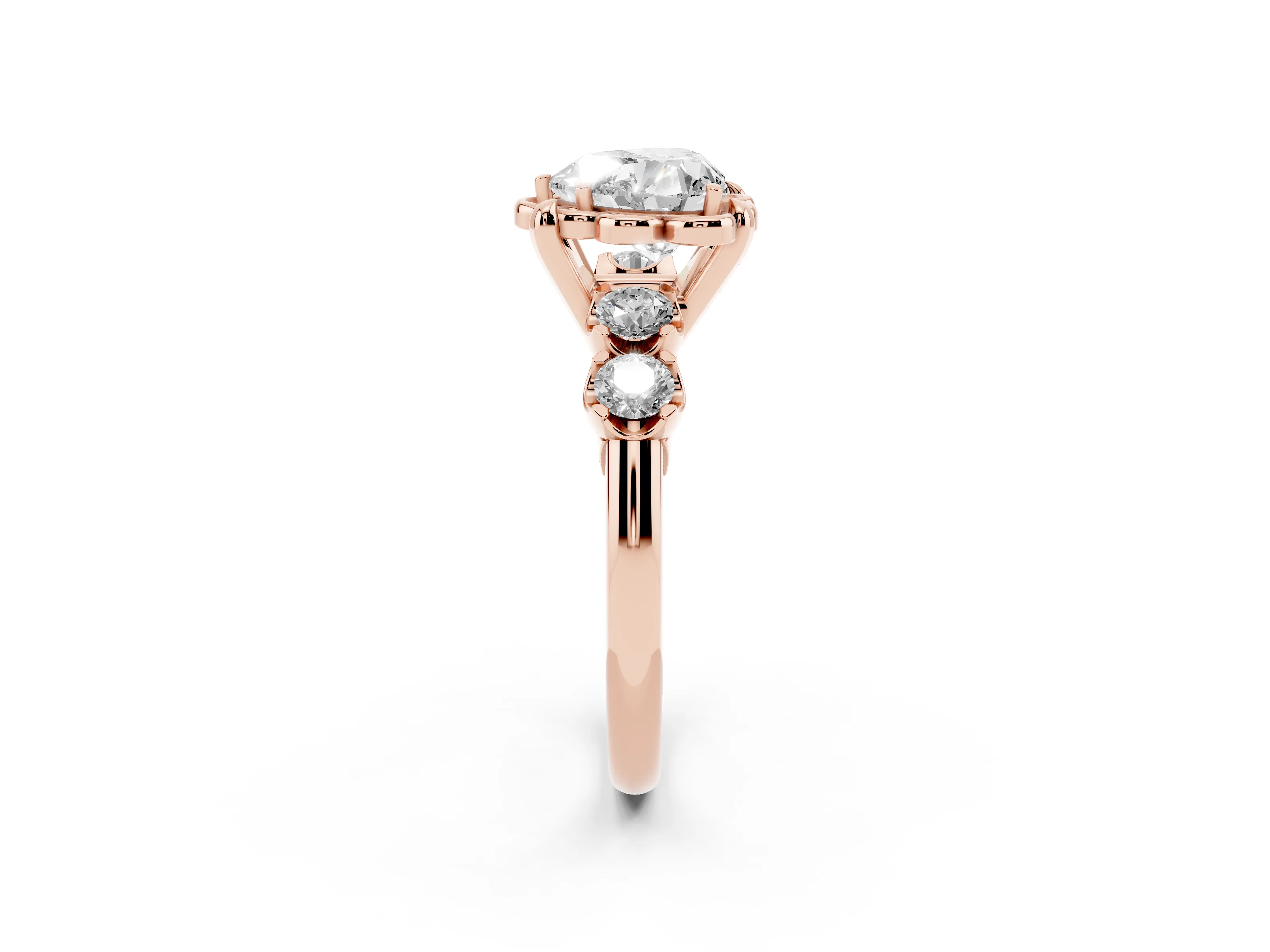 Heart Cut Diamond Floral Halo Ring Set in Rose gold with Shared Prong Band