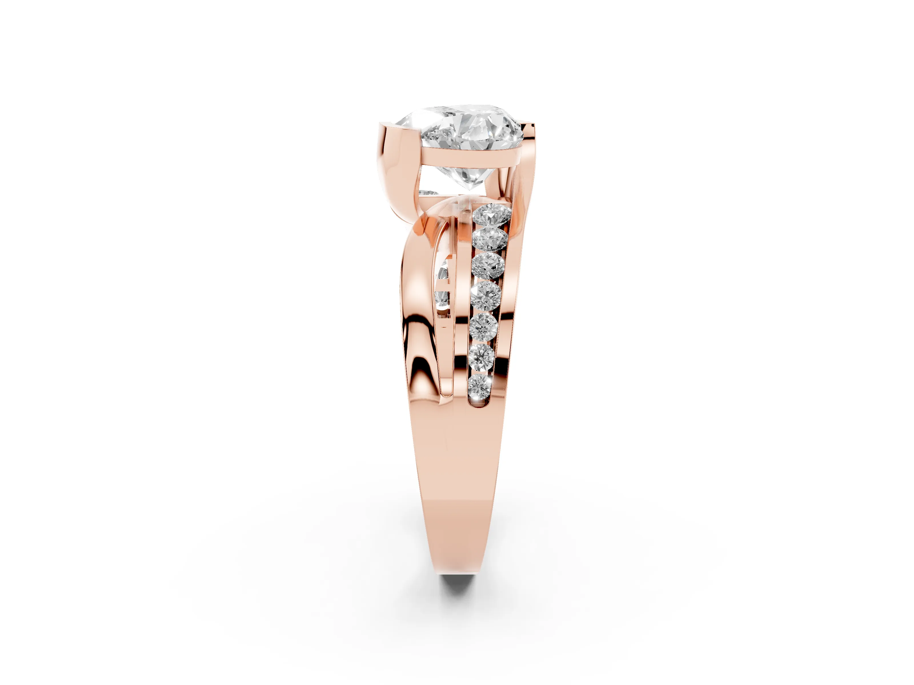 Heart Cut Diamond Solitaire Ring Set in Rose gold with Channel Set Split Shank and Tension Prongs