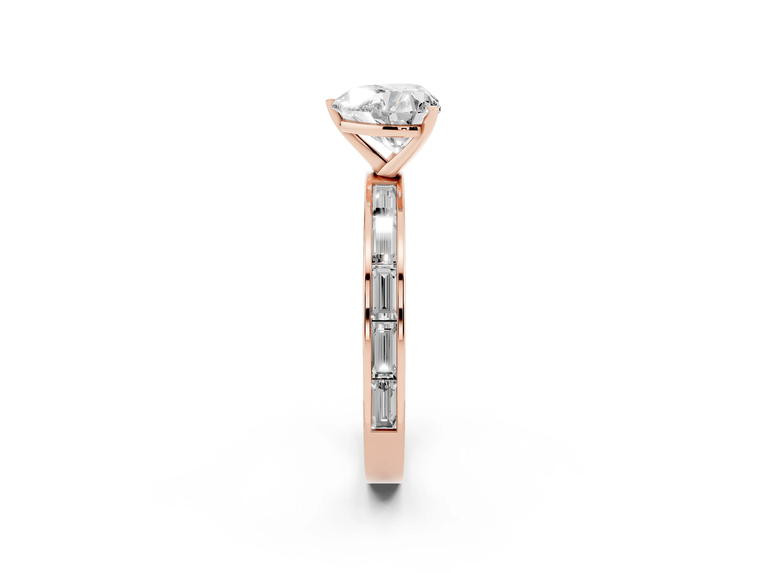 Heart Cut Diamond Solitaire Ring Set in Rose gold with Channel-Set Baguette Band and Prong Setting