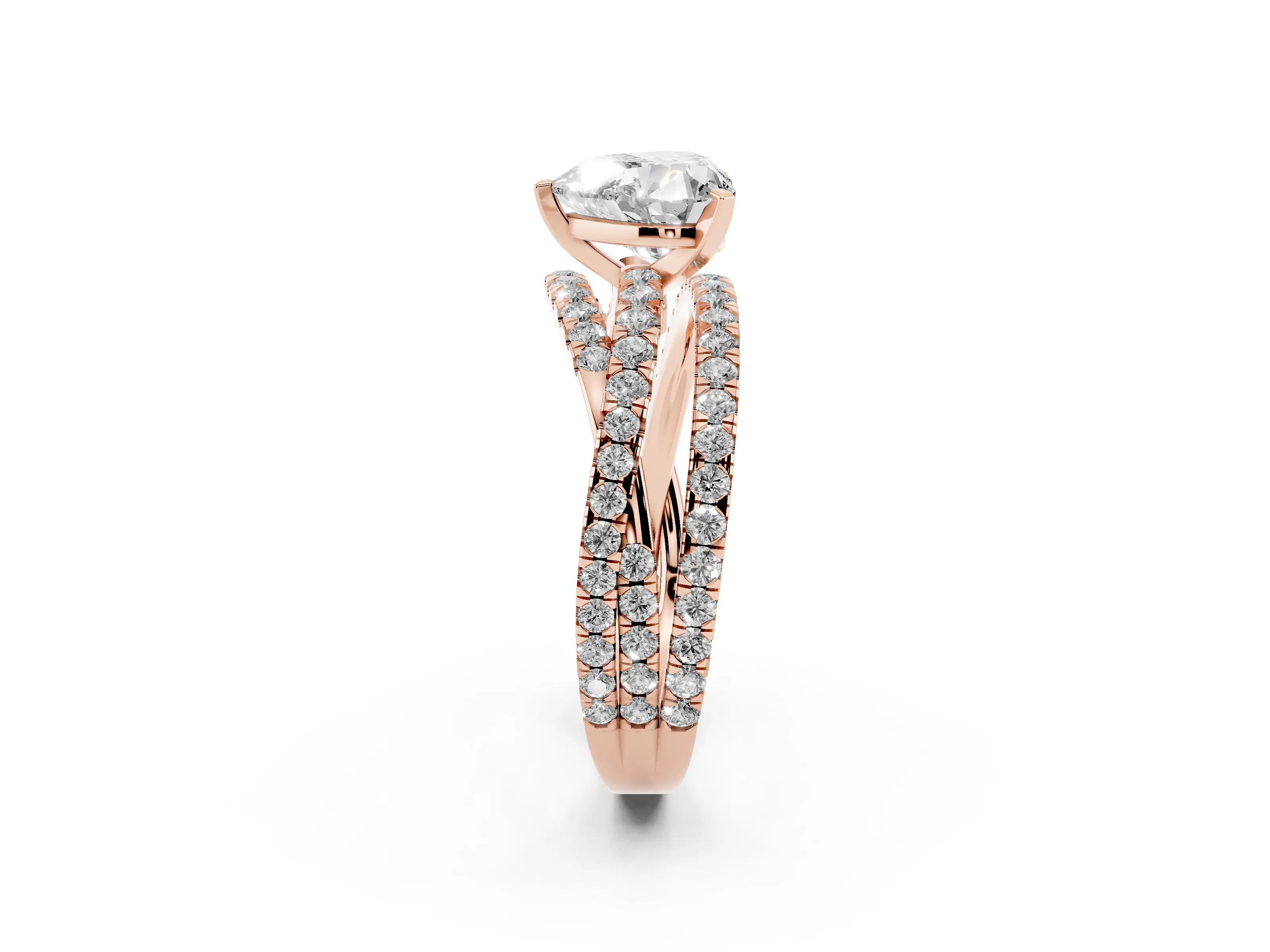 Heart Cut Diamond Solitaire Twist Band Ring Set in Rose gold with Pavé Setting and Prong Head