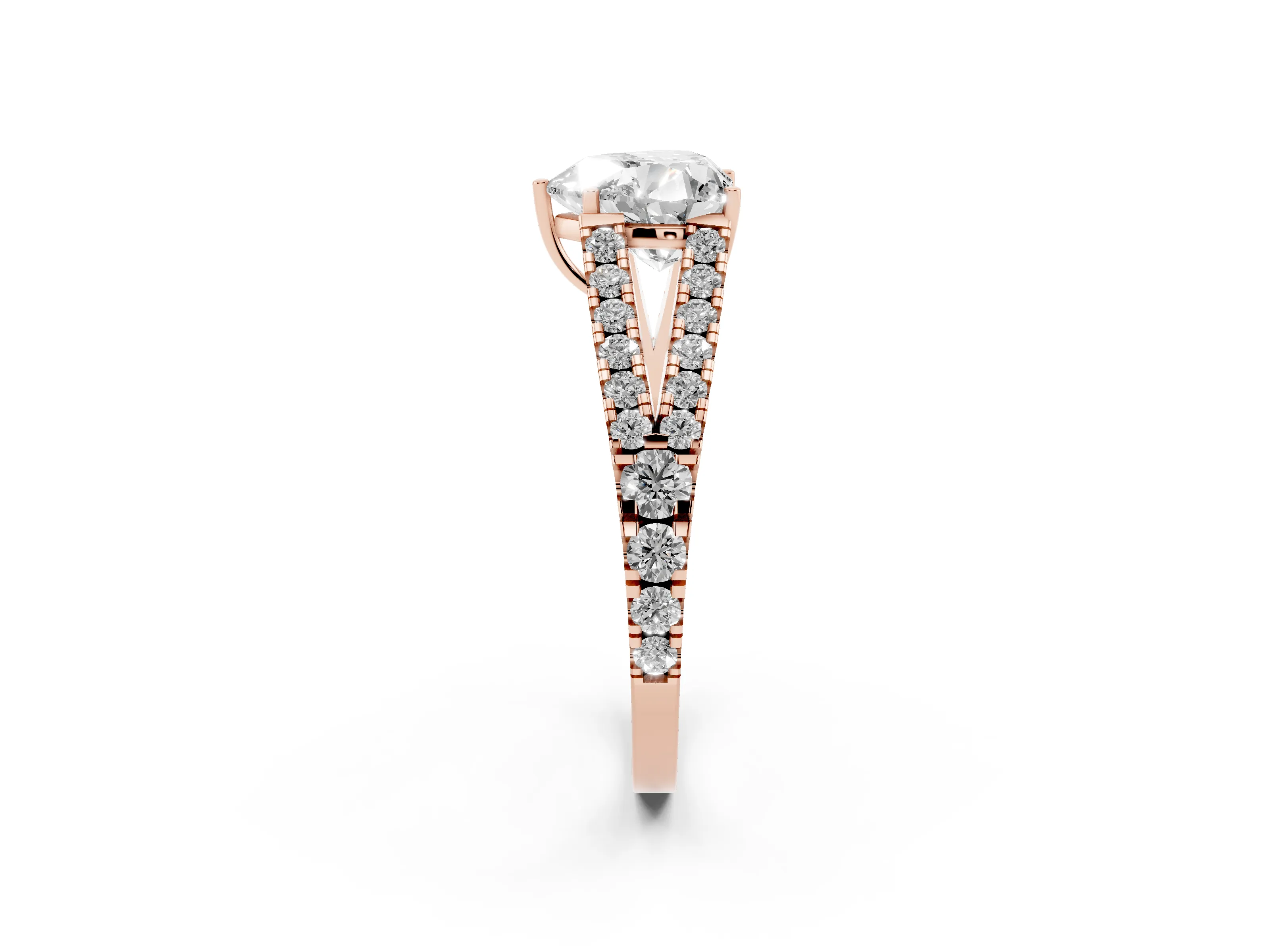 Heart Cut Diamond Split Shank Pavé Engagement Ring Set in Rose gold with Prong-Held Center Stone