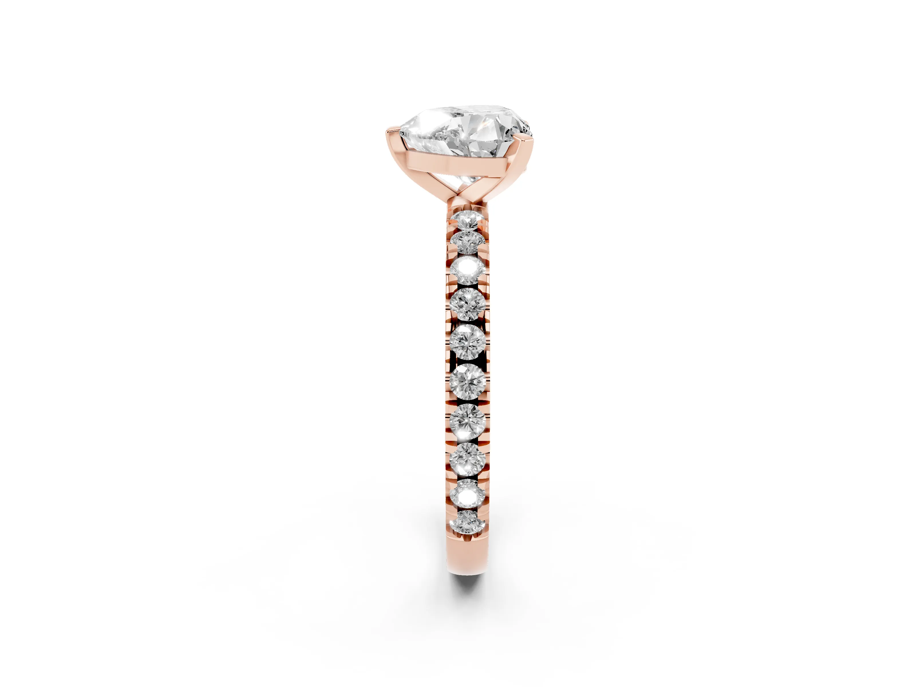 Heart Cut Diamond Pavé Band Solitaire Set in Rose gold with Prong Setting