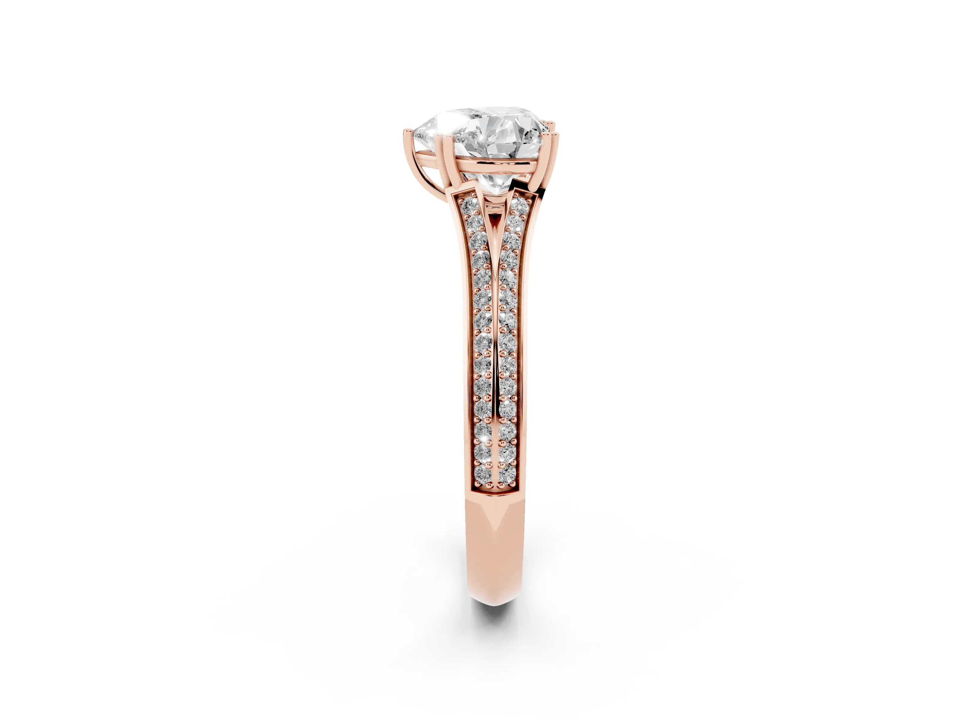Heart Cut Diamond Split Shank Pavé Engagement Ring Set in Rose gold with Prong-Set Center Stone