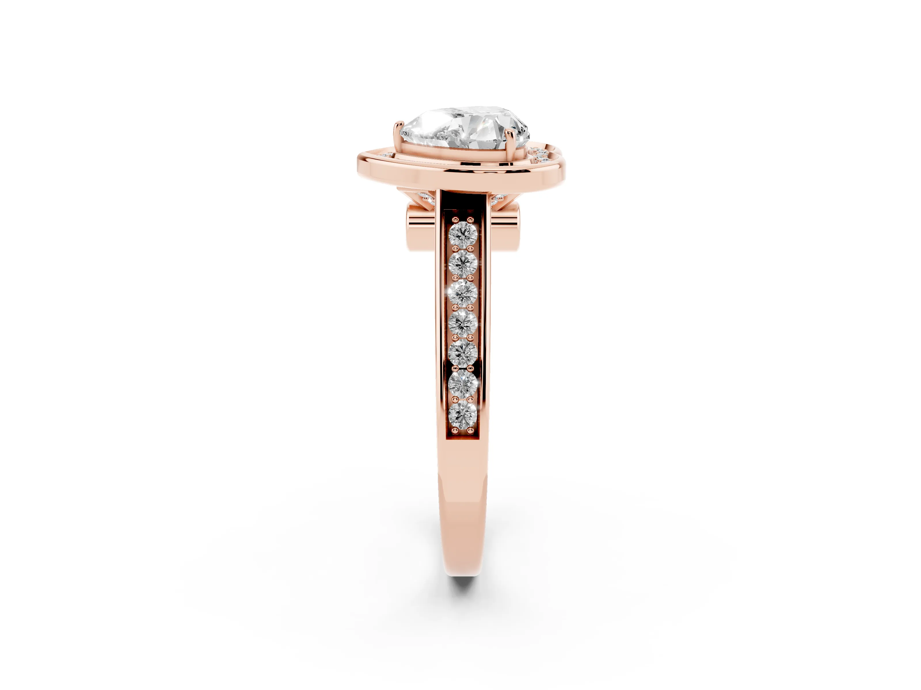 Heart Cut Diamond Halo Solitaire Ring Set in Rose gold with Pavé Band and Bezel Setting