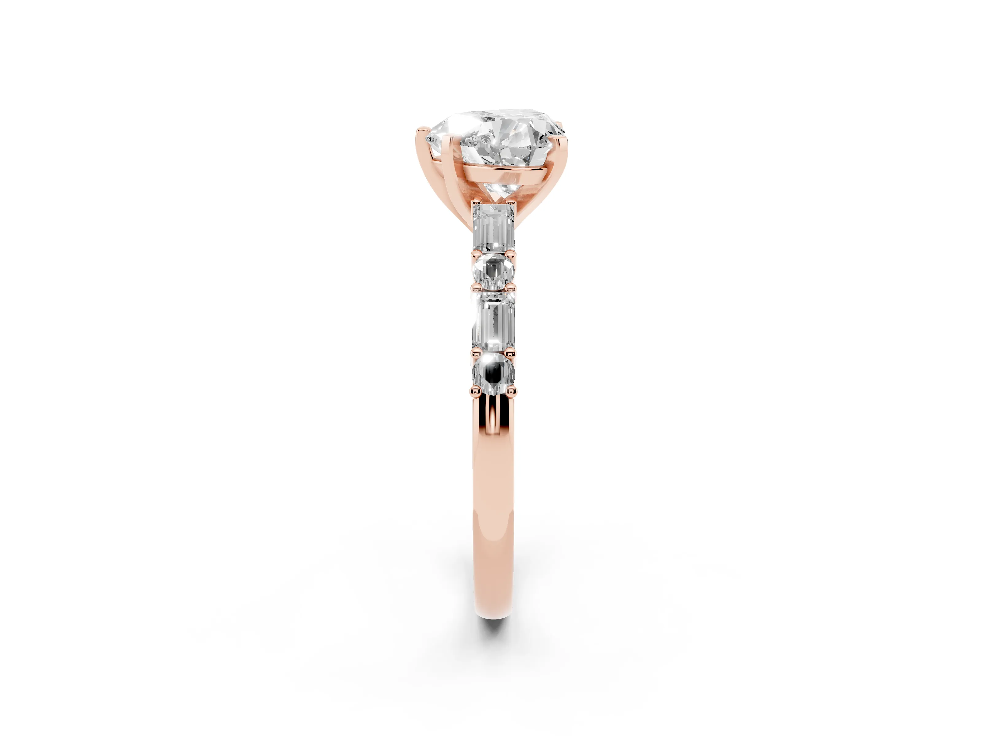 Heart Cut Diamond Solitaire Set in Rose gold with Side Baguettes and Channel Set Band
