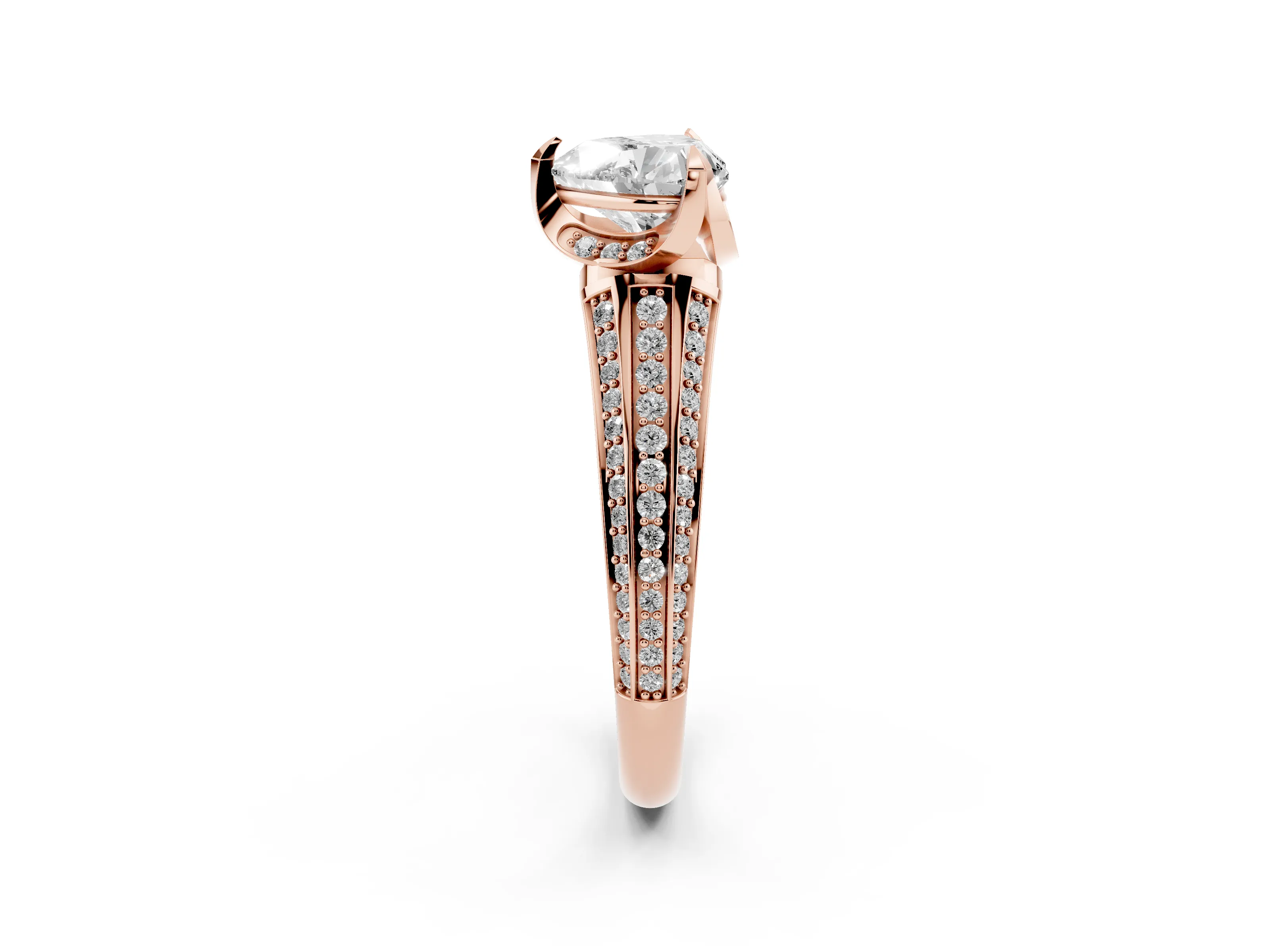 Heart Cut Diamond Pavé Split Shank Solitaire Ring Set in Rose gold with Prong Setting