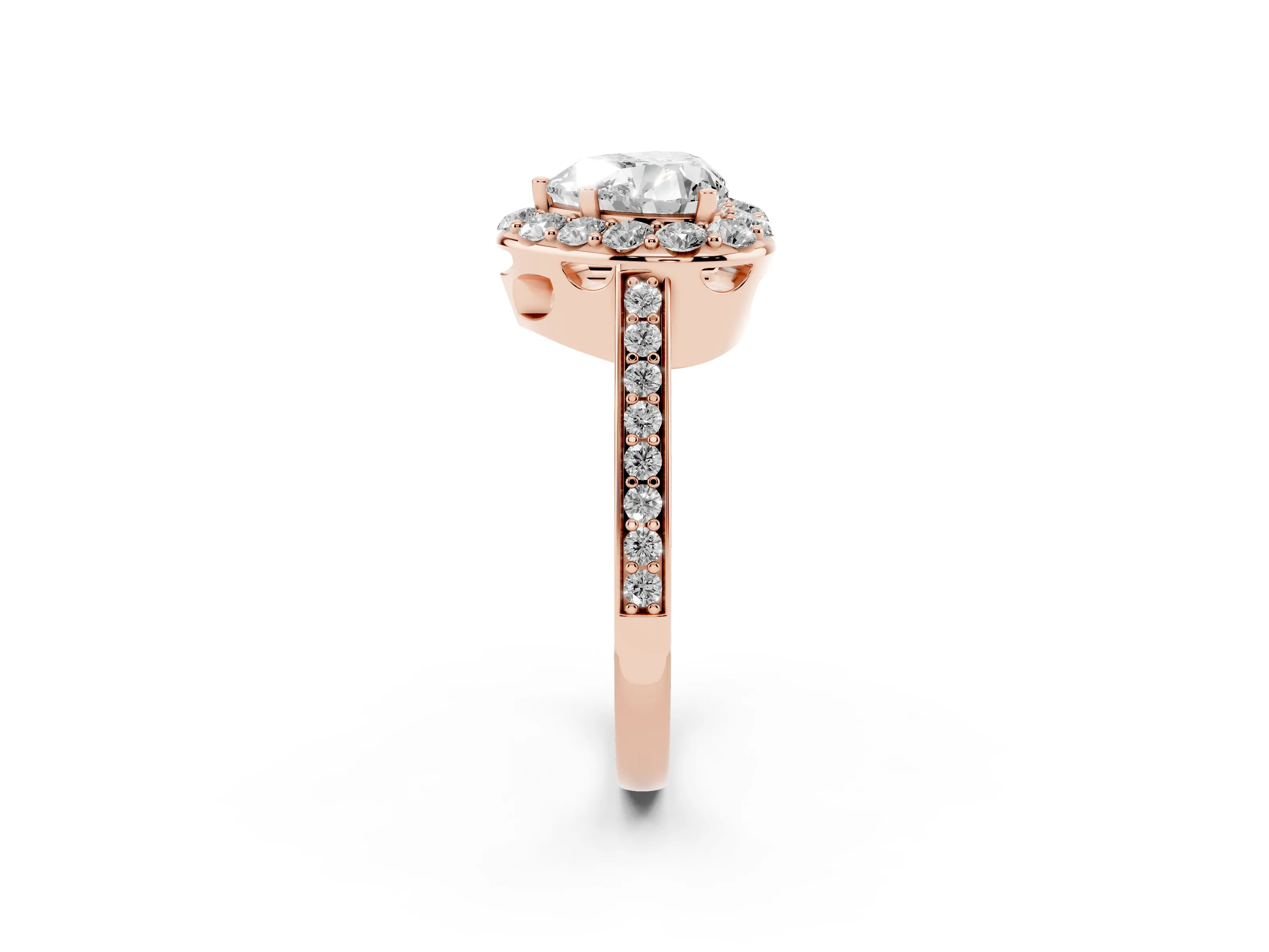 Heart Cut Diamond Floral Halo Ring Set in Rose gold with Pavé Band and Prong Setting