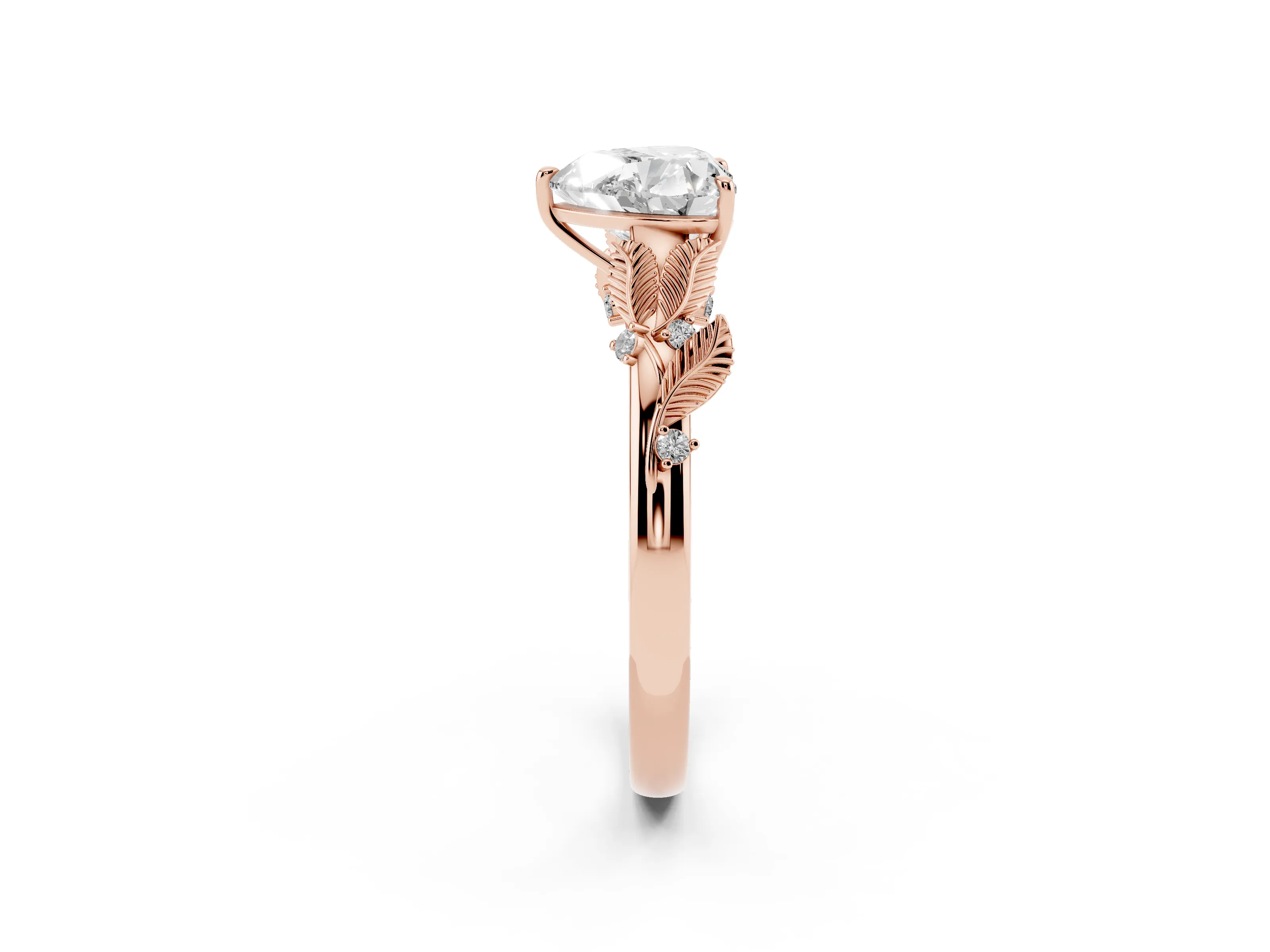 Heart Cut Diamond Solitaire Ring Set in Rose gold with Leaf Motif Band