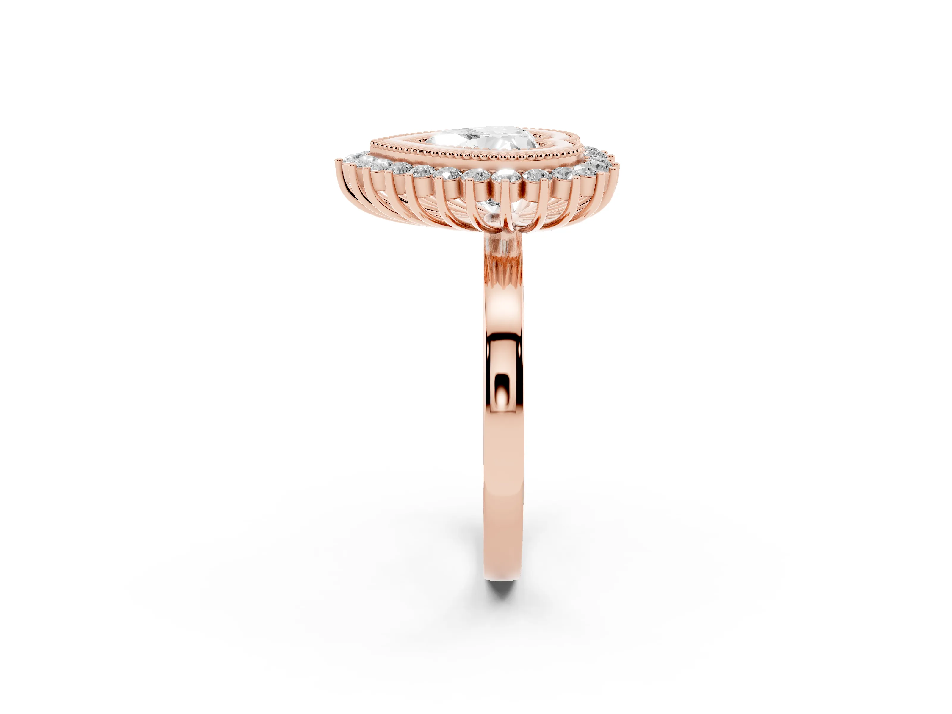 Heart Cut Diamond Halo Ring Set in Rose gold with Milgrain Edge and Round Prong Setting