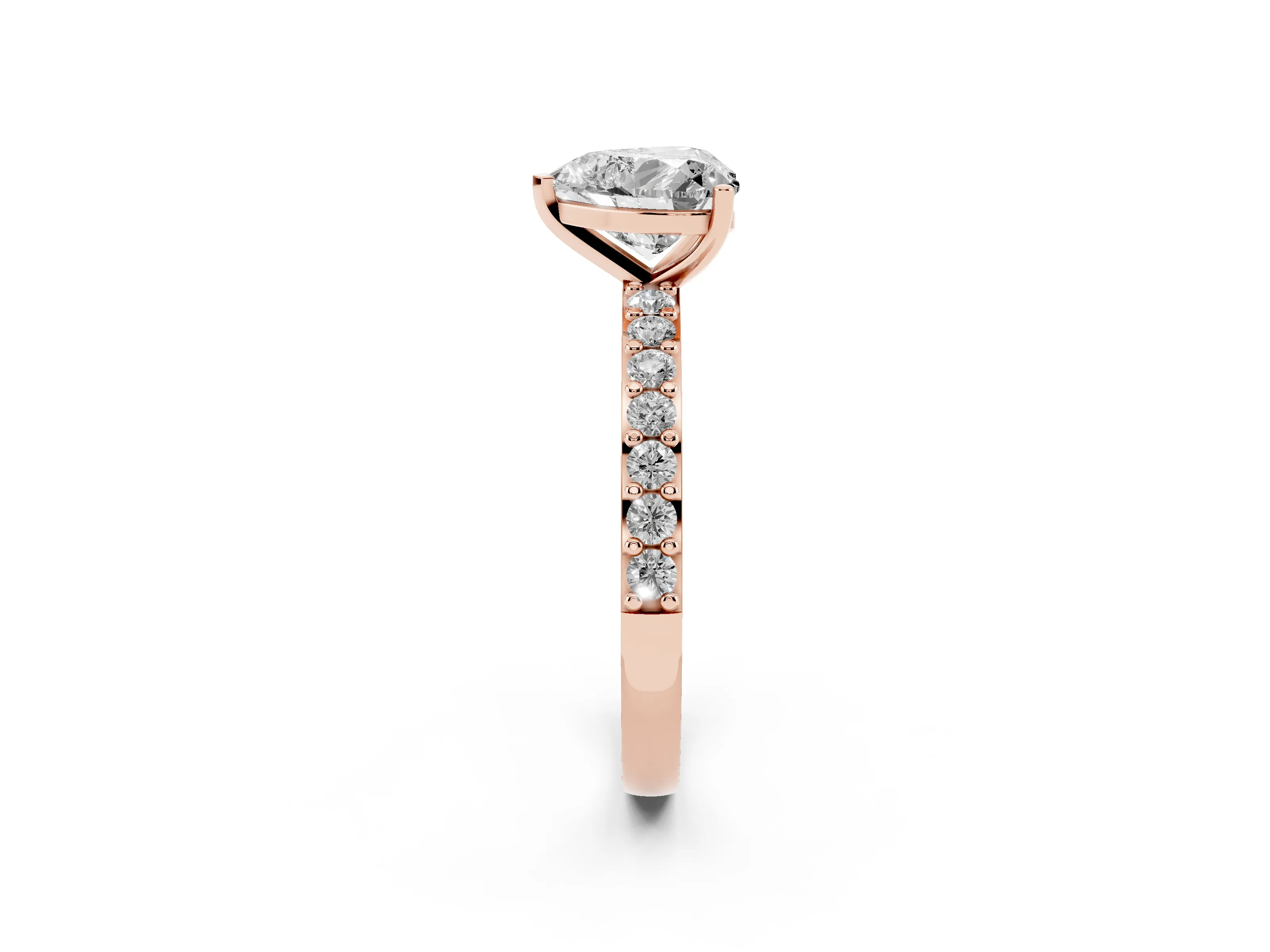 Heart Cut Diamond Solitaire Set in Rose gold with Round Pavé Band and Prong Setting