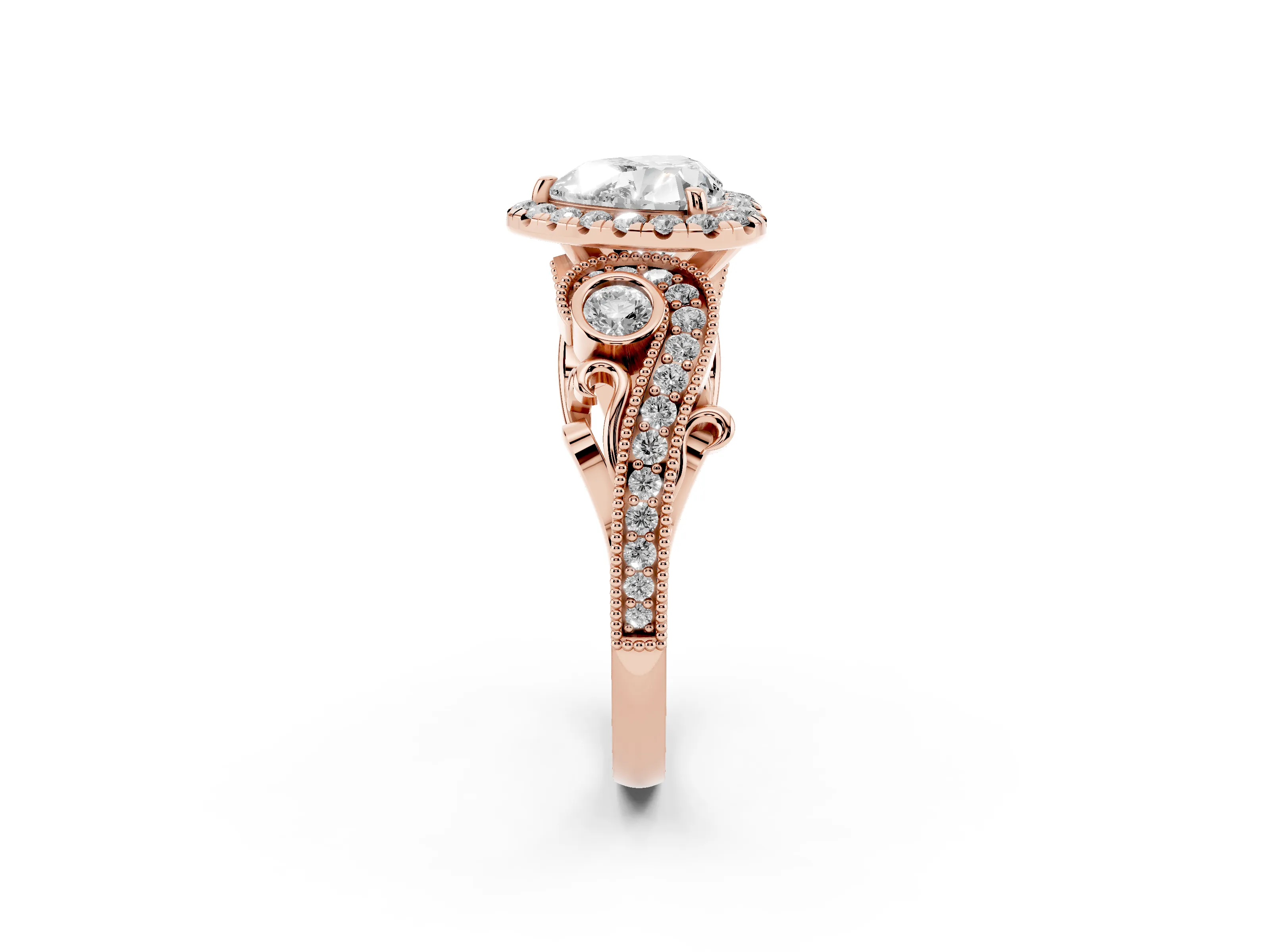Heart Cut Diamond Halo Ring Set in Rose gold with Milgrain Pavé Band and Prong Setting