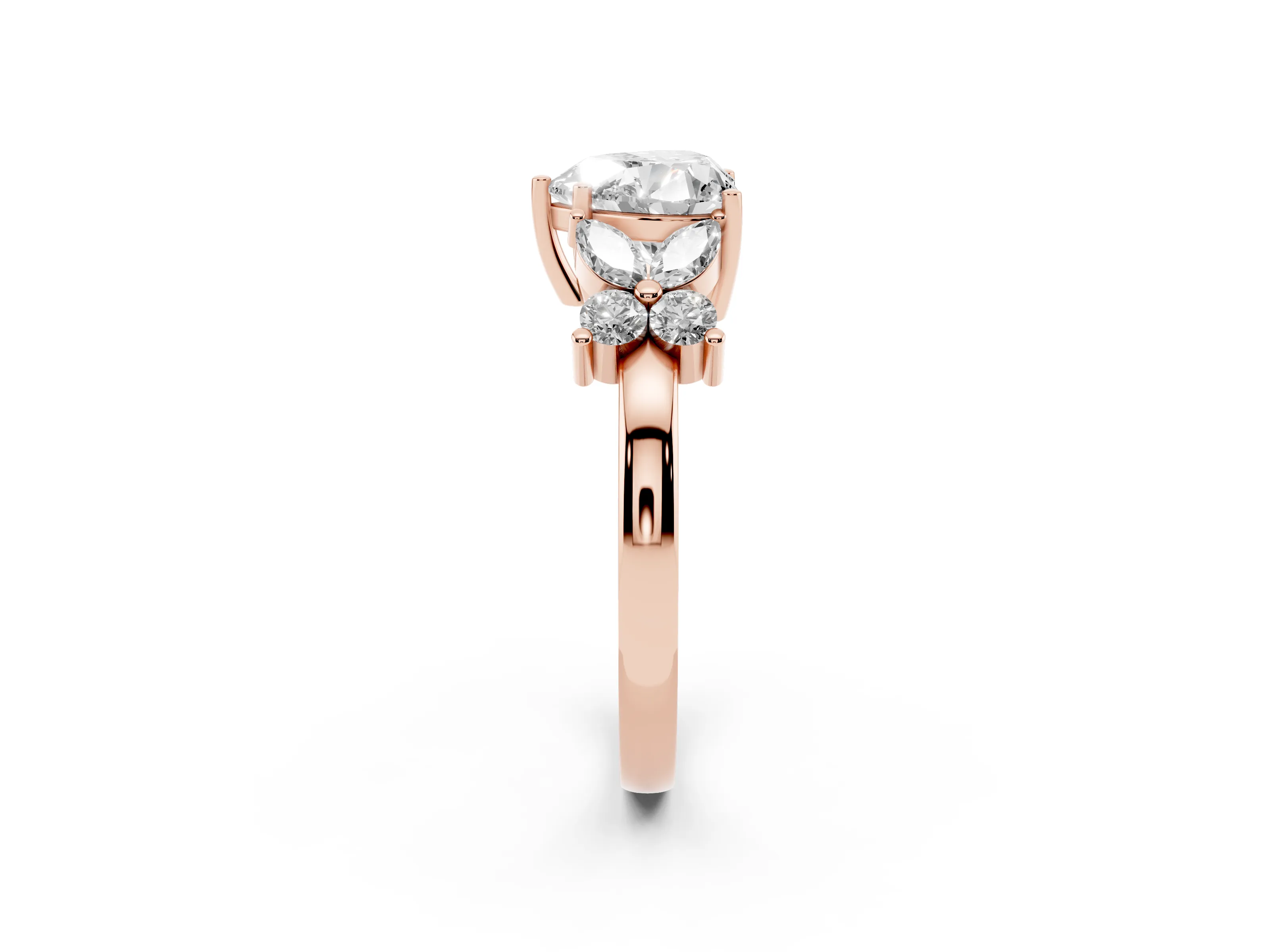 Heart Cut Diamond Floral Cluster Ring Set in Rose gold with Marquise Petals and Prong Setting
