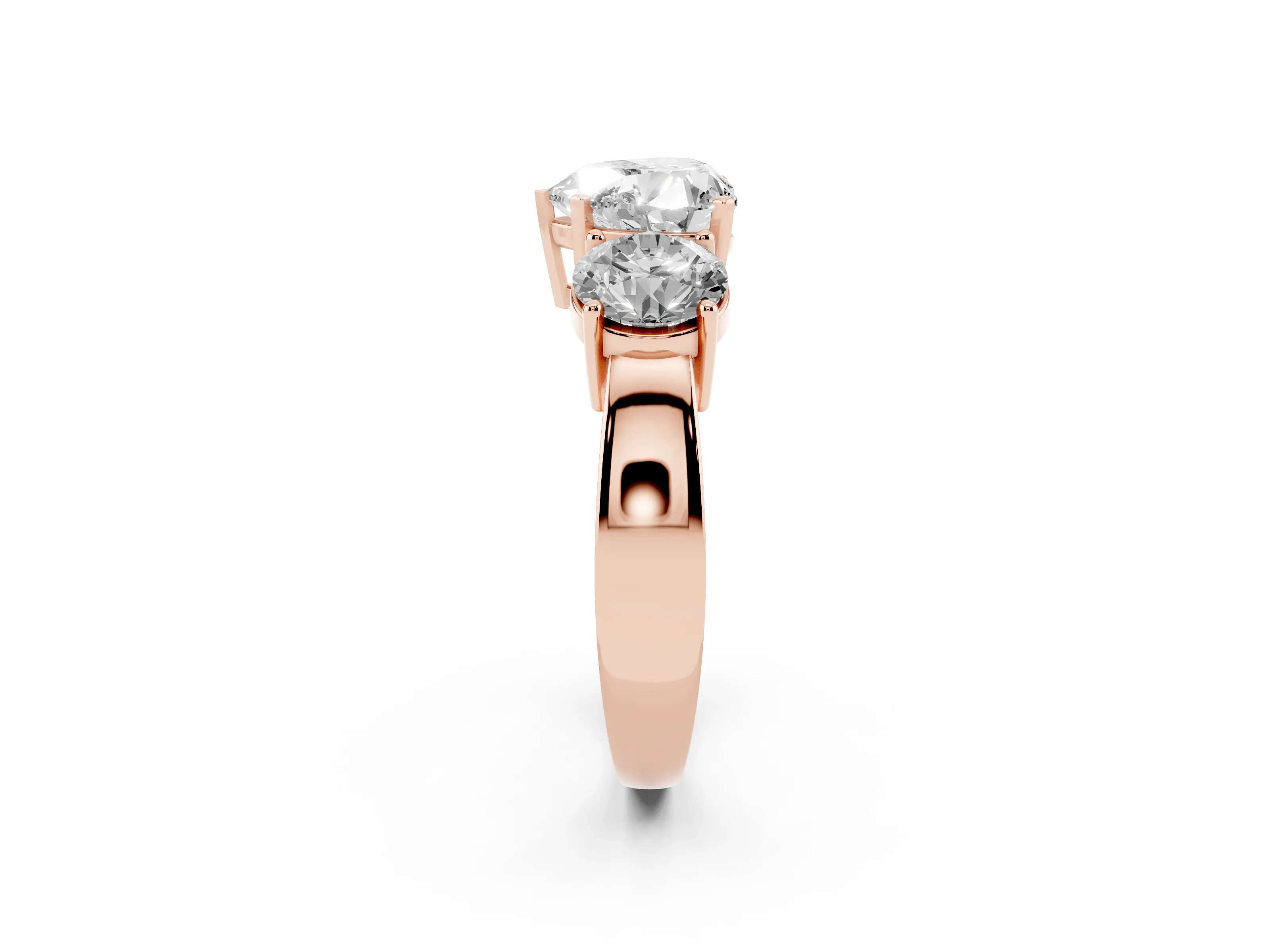 Heart Cut Diamond Three-Stone Ring Set in Rose gold with Round Side Stones and Classic Band