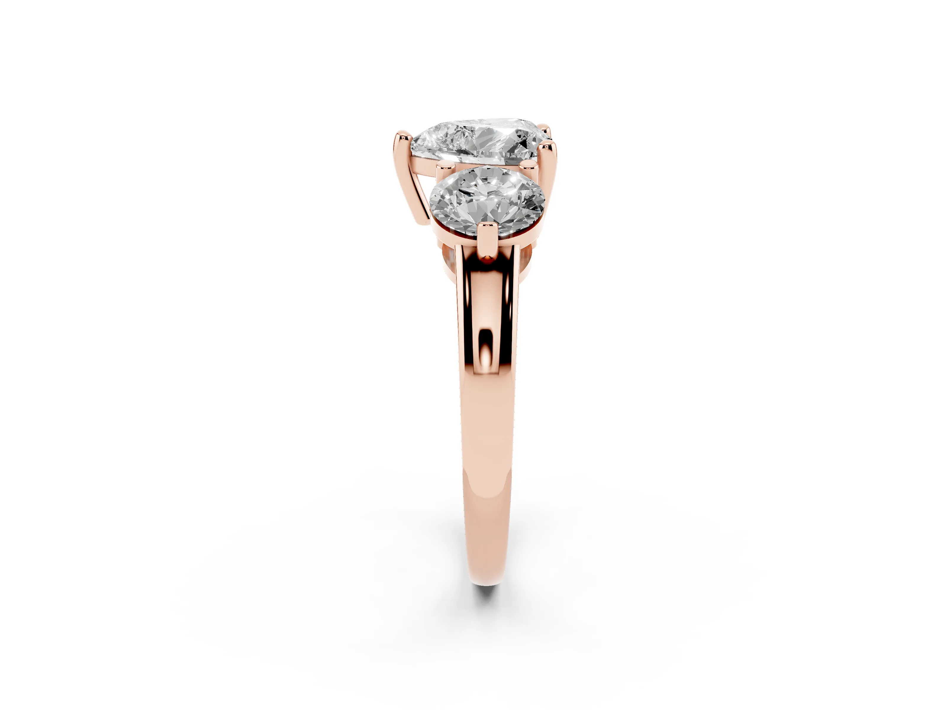 Heart Cut Diamond Three-Stone Ring Set in Rose gold with Prong Setting and Classic Band